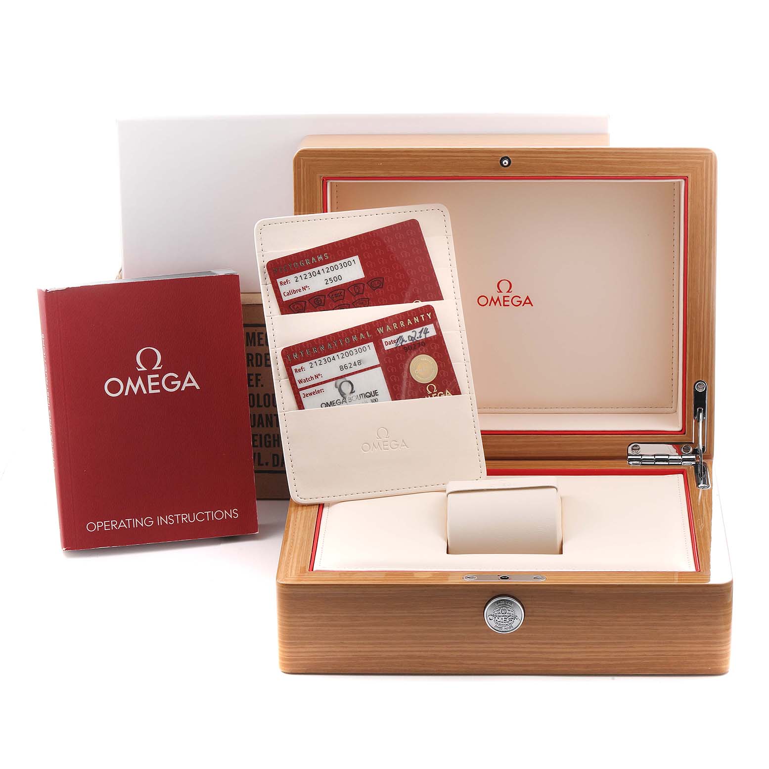 The image shows the Omega Seamaster 212.30.41.20.03.001 Men
s Stainless Steel Blue Dial 212.30.41.20.03.001 Men
s Stainless Steel Blue Dial box set, including the watch box, instruction manual, and warranty cards, viewed from the front.