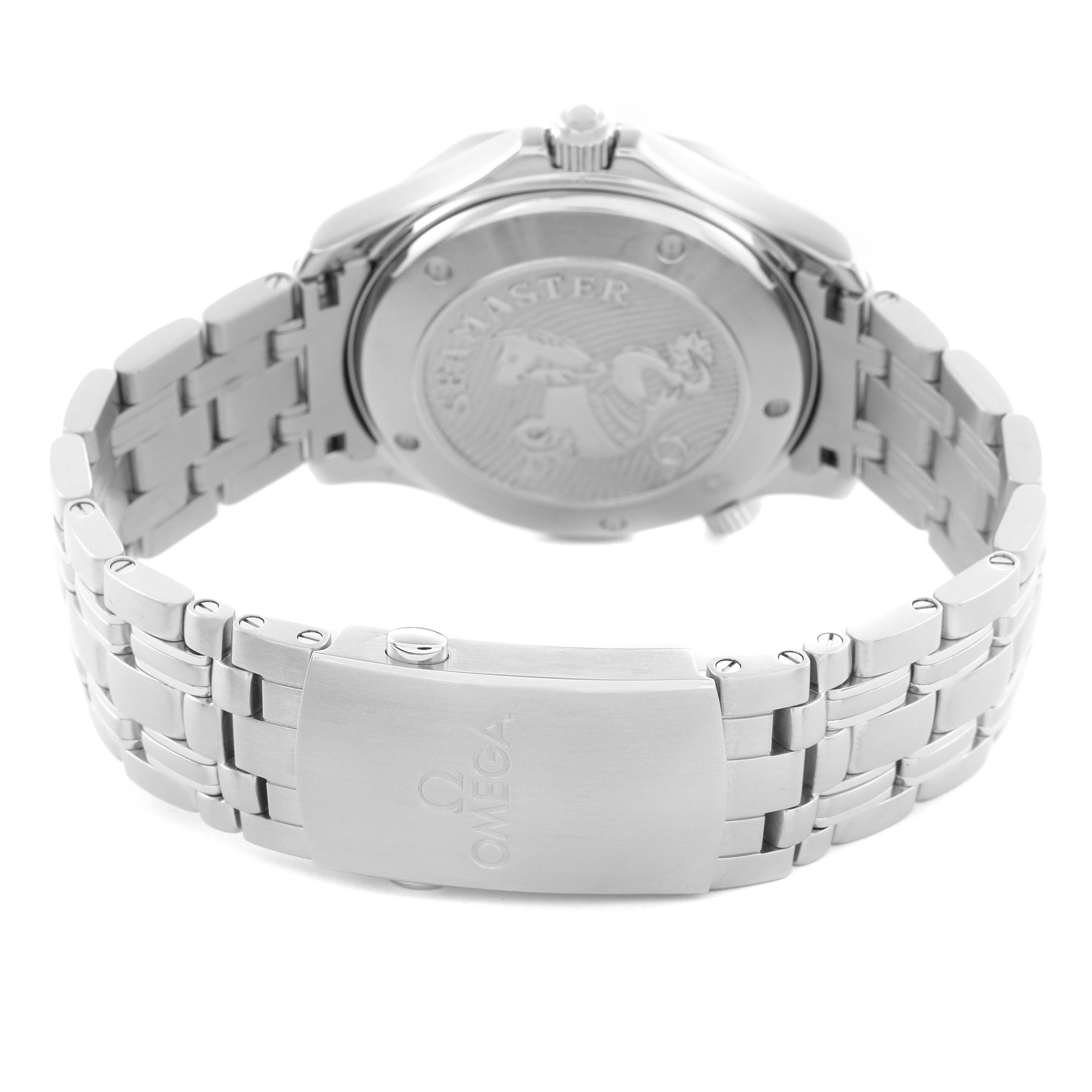 The image shows the back of an Omega Seamaster 212.30.41.20.03.001 Men
s Stainless Steel Blue Dial 212.30.41.20.03.001 Men
s Stainless Steel Blue Dial, highlighting the case back, bracelet, and clasp with the Omega logo.