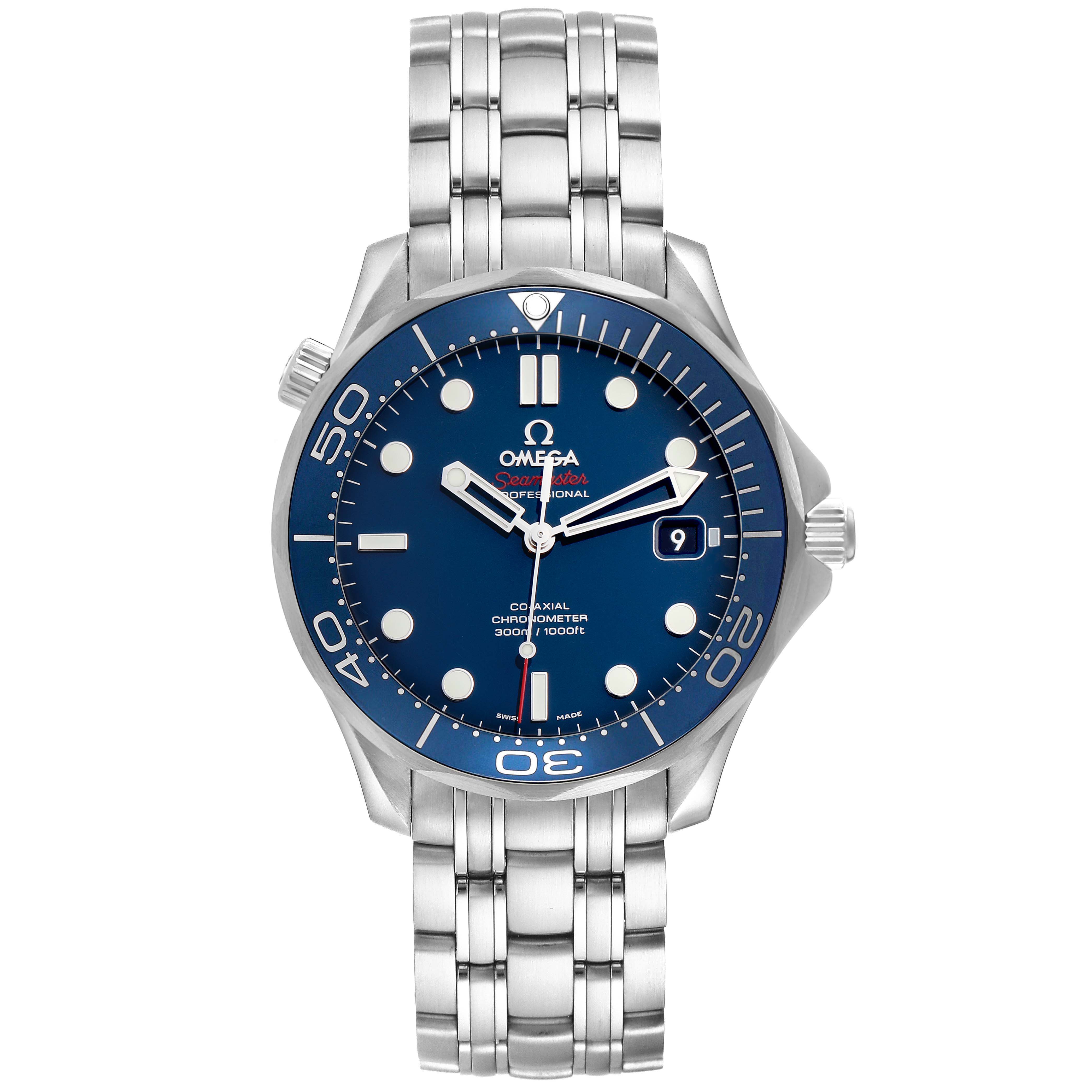 The Omega Seamaster 212.30.41.20.03.001 Men
s Stainless Steel Blue Dial 212.30.41.20.03.001 Men
s Stainless Steel Blue Dial watch is shown from a front angle displaying its face, bezel, dial, and bracelet.