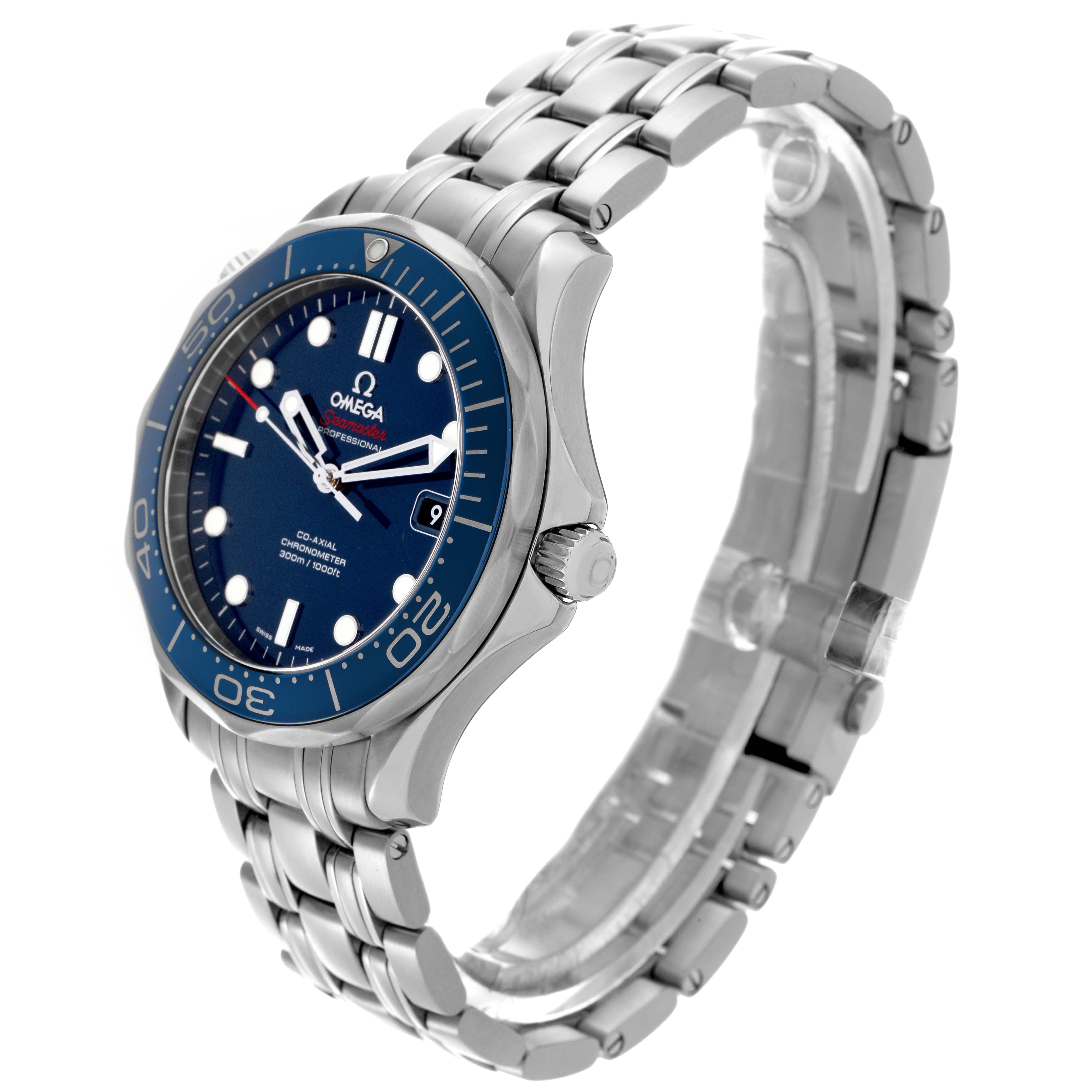 The Omega Seamaster 212.30.41.20.03.001 Men
s Stainless Steel Blue Dial 212.30.41.20.03.001 Men
s Stainless Steel Blue Dial watch is shown at a three-quarter angle, highlighting the face, bezel, crown, and bracelet.