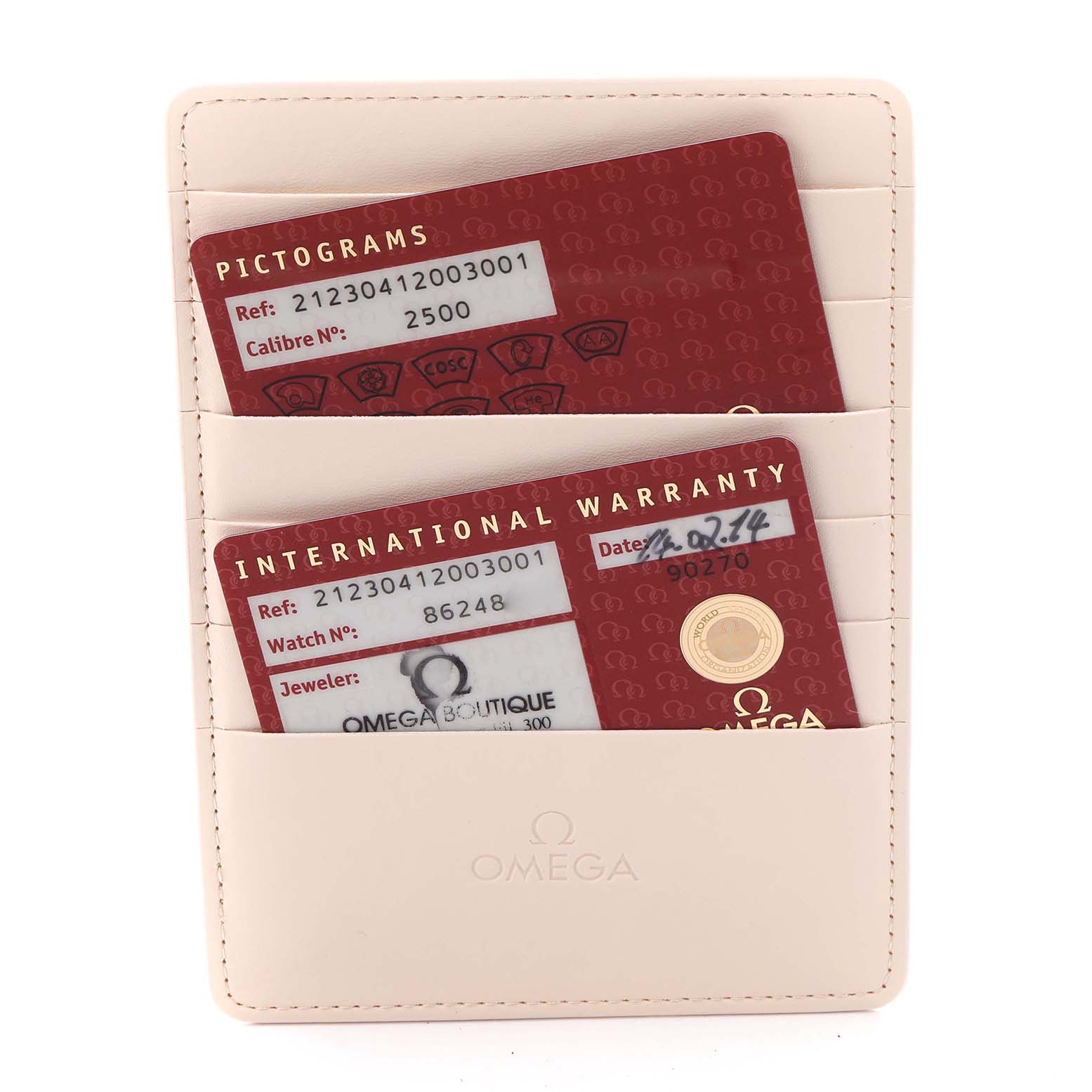 The image shows Omega Seamaster 212.30.41.20.03.001 Men
s Stainless Steel Blue Dial 212.30.41.20.03.001 Men
s Stainless Steel Blue Dial model warranty and pictogram cards in a cardholder.