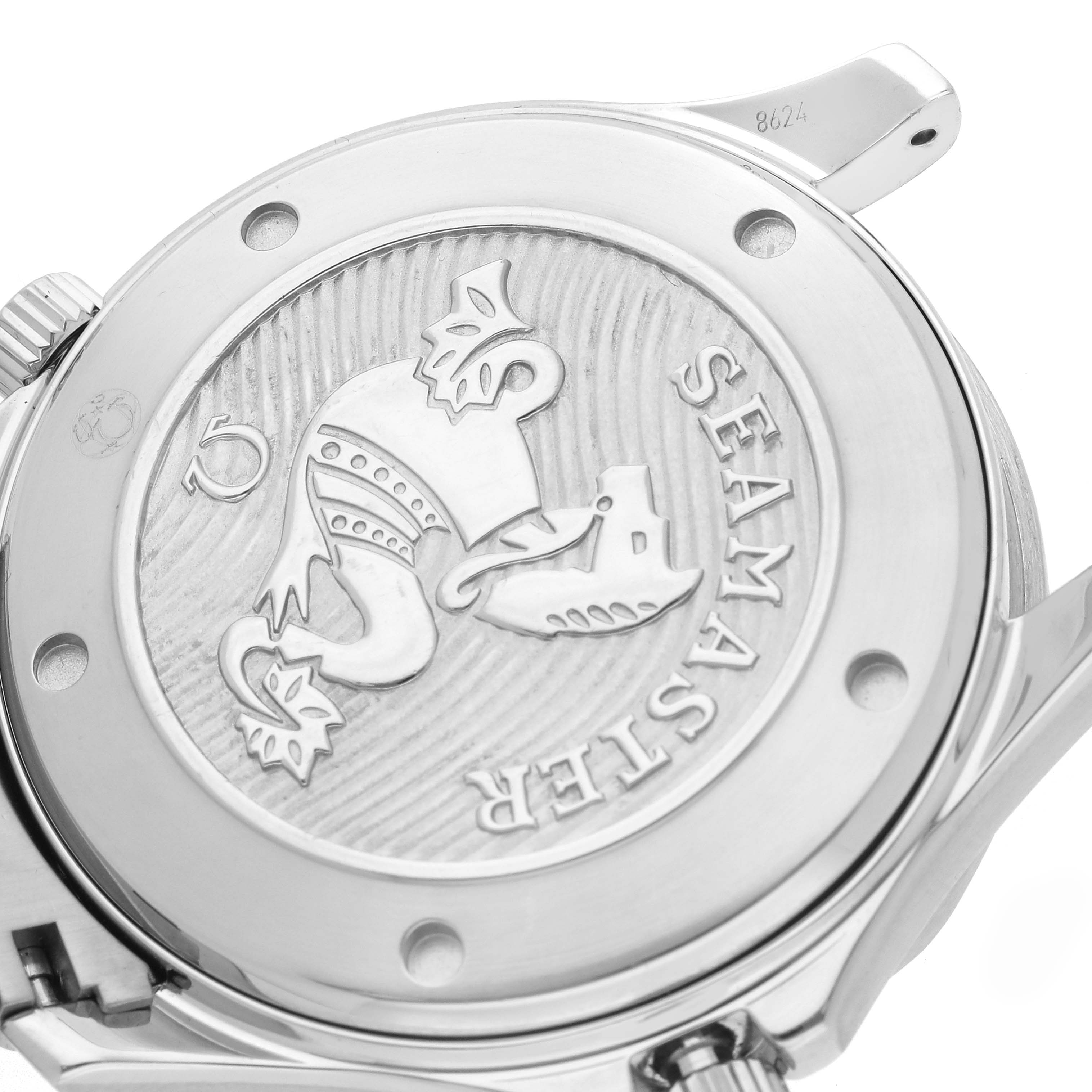 The image shows the back case of the Omega Seamaster 212.30.41.20.03.001 Men
s Stainless Steel Blue Dial 212.30.41.20.03.001 Men
s Stainless Steel Blue Dial watch, featuring its embossed design and logo from a side angle.