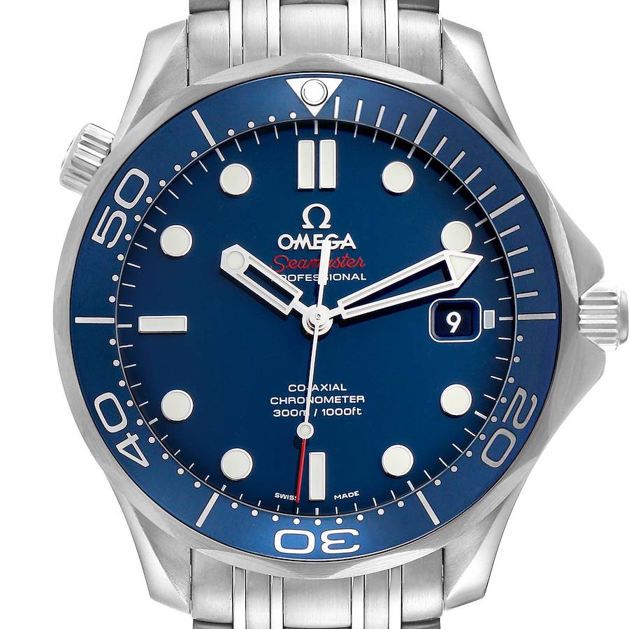 The Omega Seamaster watch is shown from a front angle, displaying the dial, bezel, bracelet, and crown.