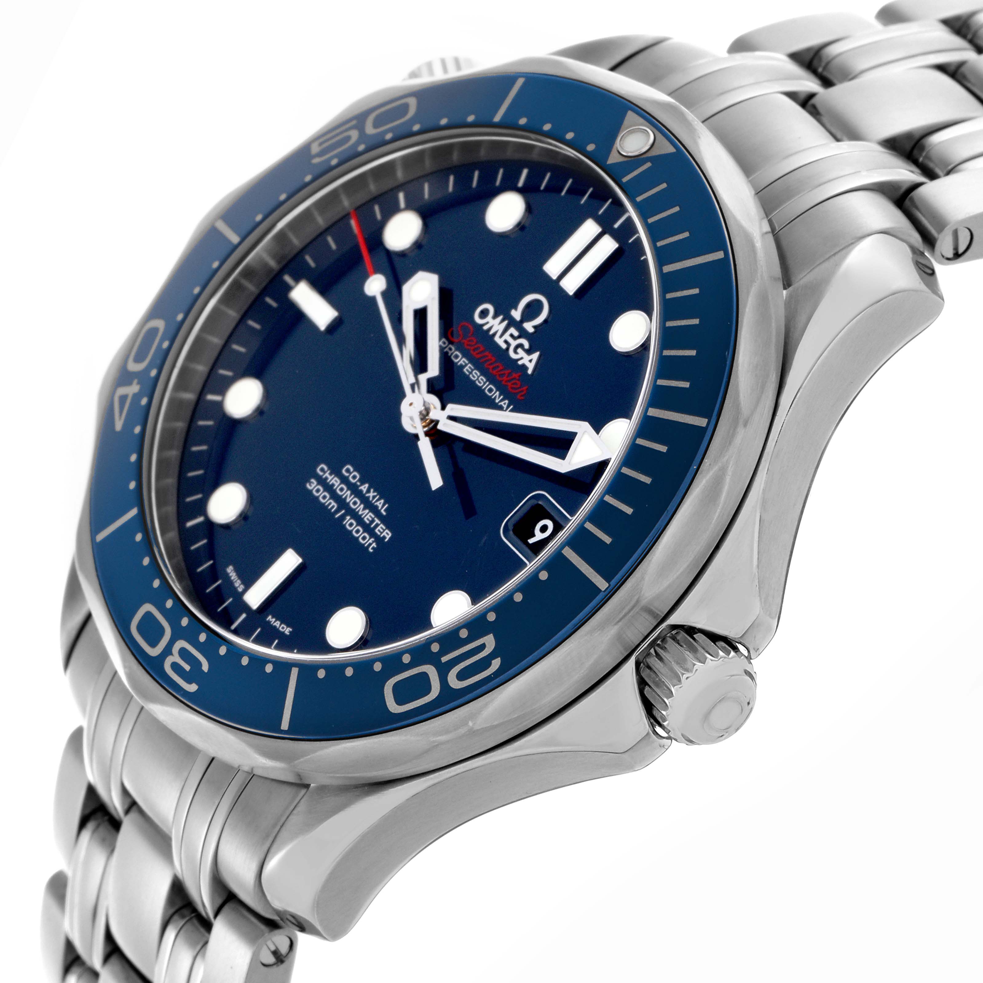 The Omega Seamaster 212.30.41.20.03.001 Men
s Stainless Steel Blue Dial 212.30.41.20.03.001 Men
s Stainless Steel Blue Dial watch is shown at an angled side view, highlighting the face, bezel, crown, and stainless steel bracelet.
