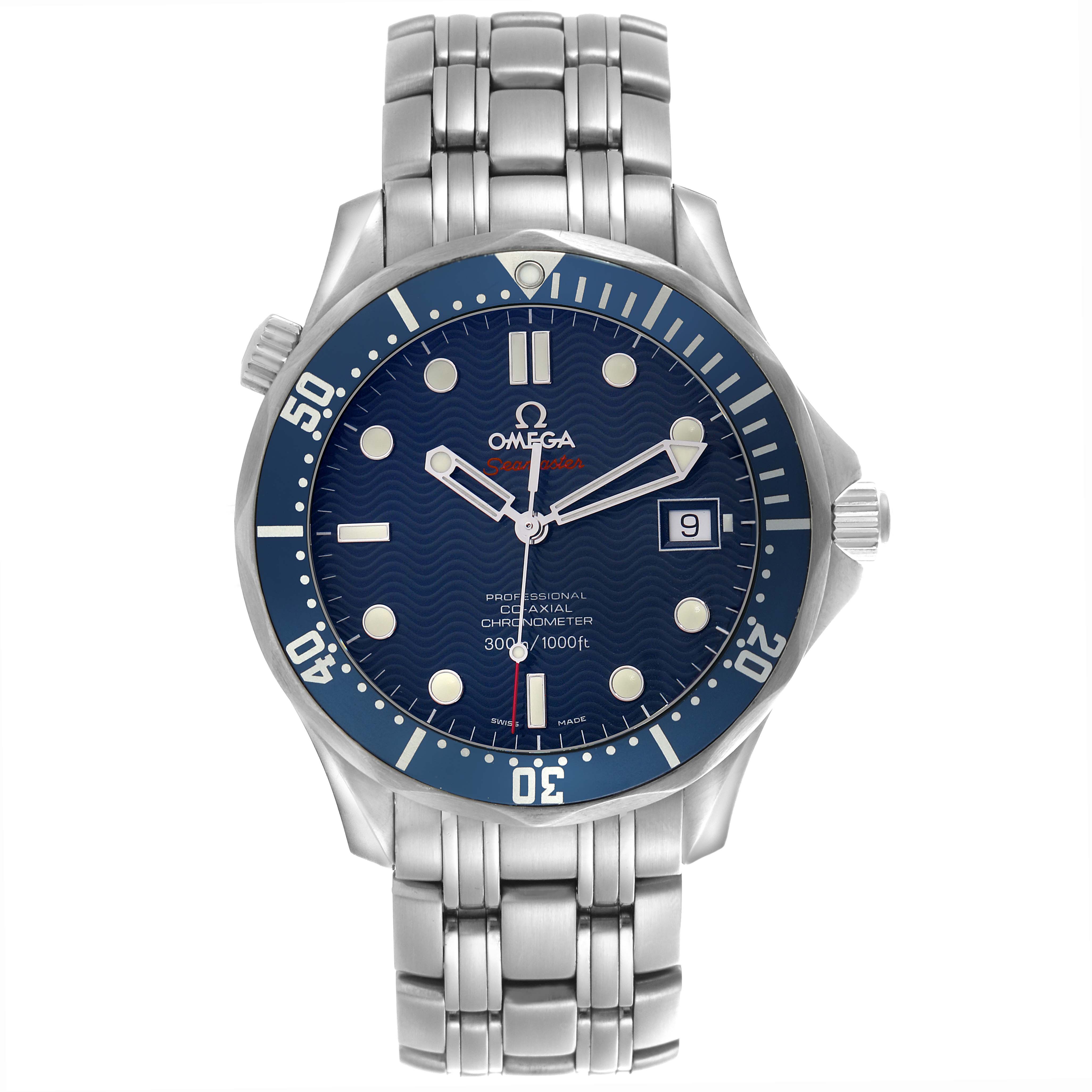 The Omega Seamaster 2220.80.00 Men
s Stainless Steel Blue Dial 2220.80.00 Men
s Stainless Steel Blue Dial watch is shown from the front, highlighting the bezel, dial, case, bracelet, and crown.