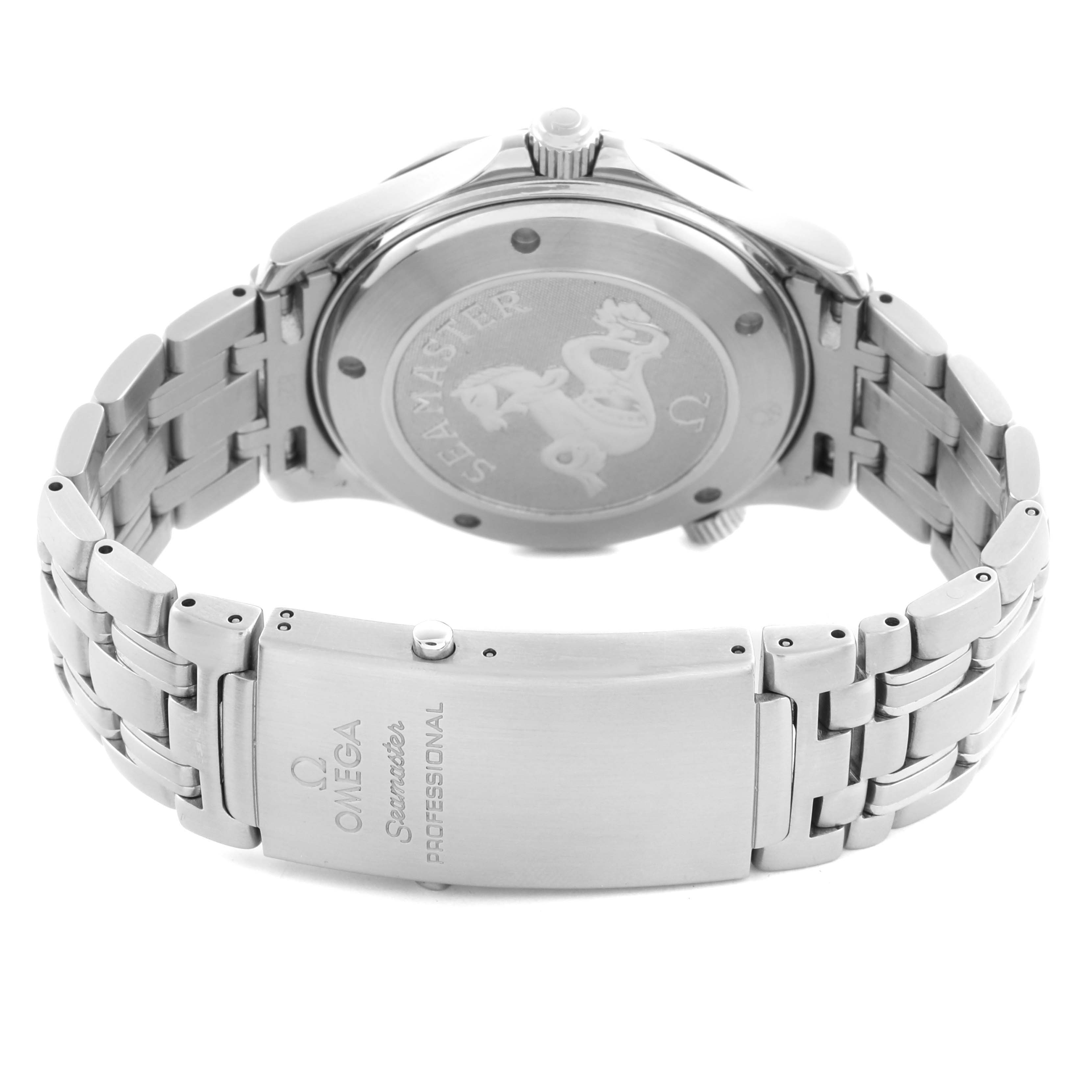 The image shows the back and bracelet of an Omega Seamaster 2220.80.00 Men
s Stainless Steel Blue Dial 2220.80.00 Men
s Stainless Steel Blue Dial watch, highlighting the clasp and engraved case back.