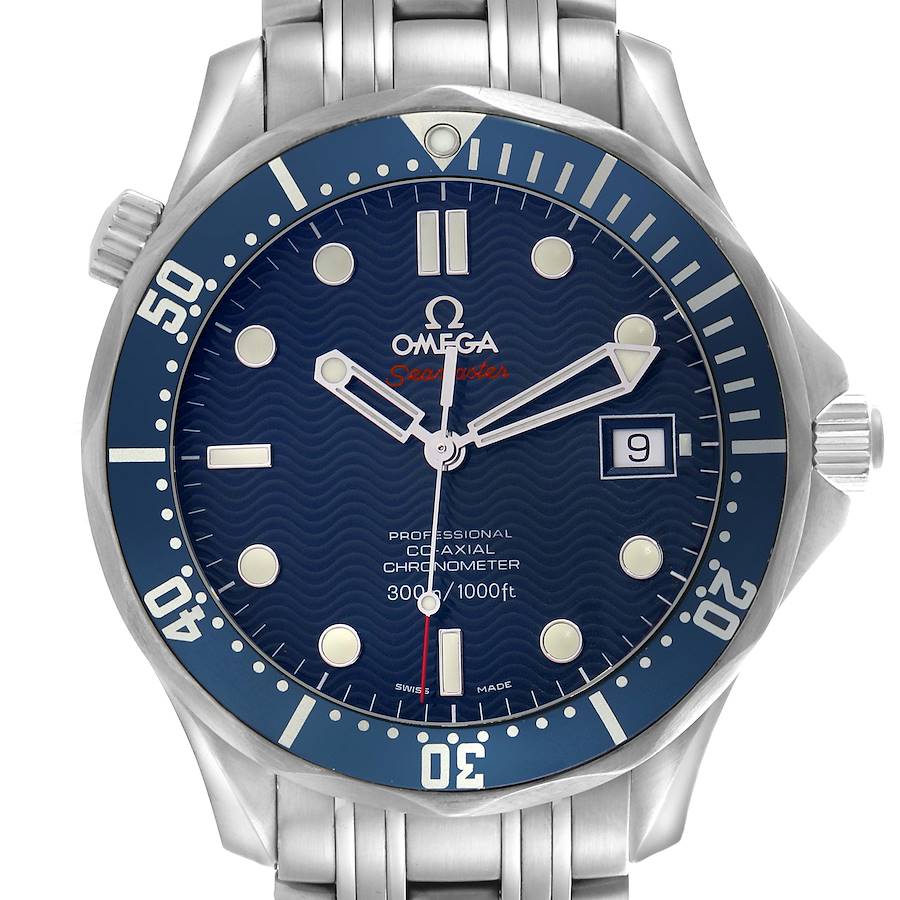The image shows an Omega Seamaster watch from the front, highlighting its blue dial, bezel, and stainless steel bracelet.