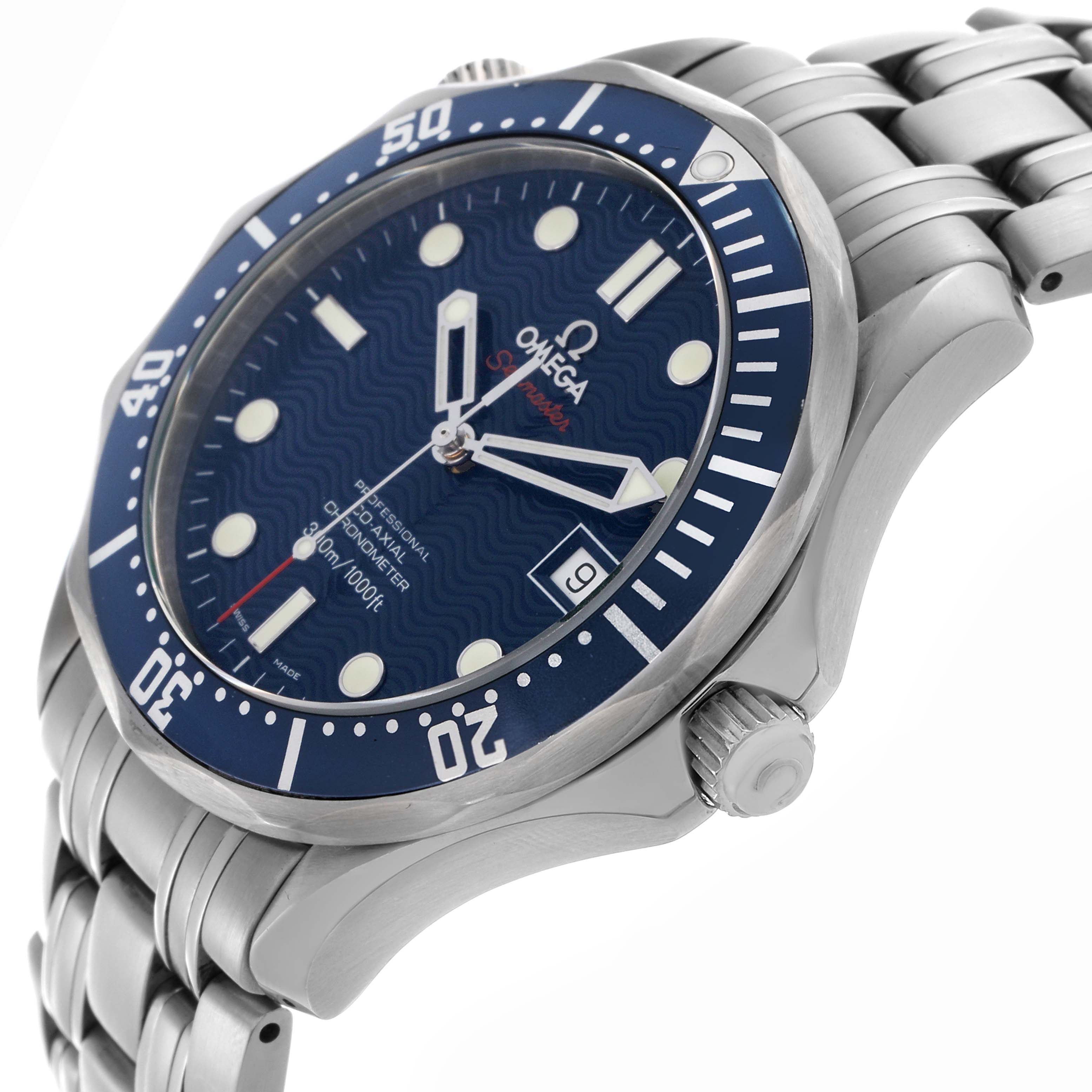 The Omega Seamaster 2220.80.00 Men
s Stainless Steel Blue Dial 2220.80.00 Men
s Stainless Steel Blue Dial watch is shown from a side angle, highlighting the bezel, crown, dial, and bracelet.