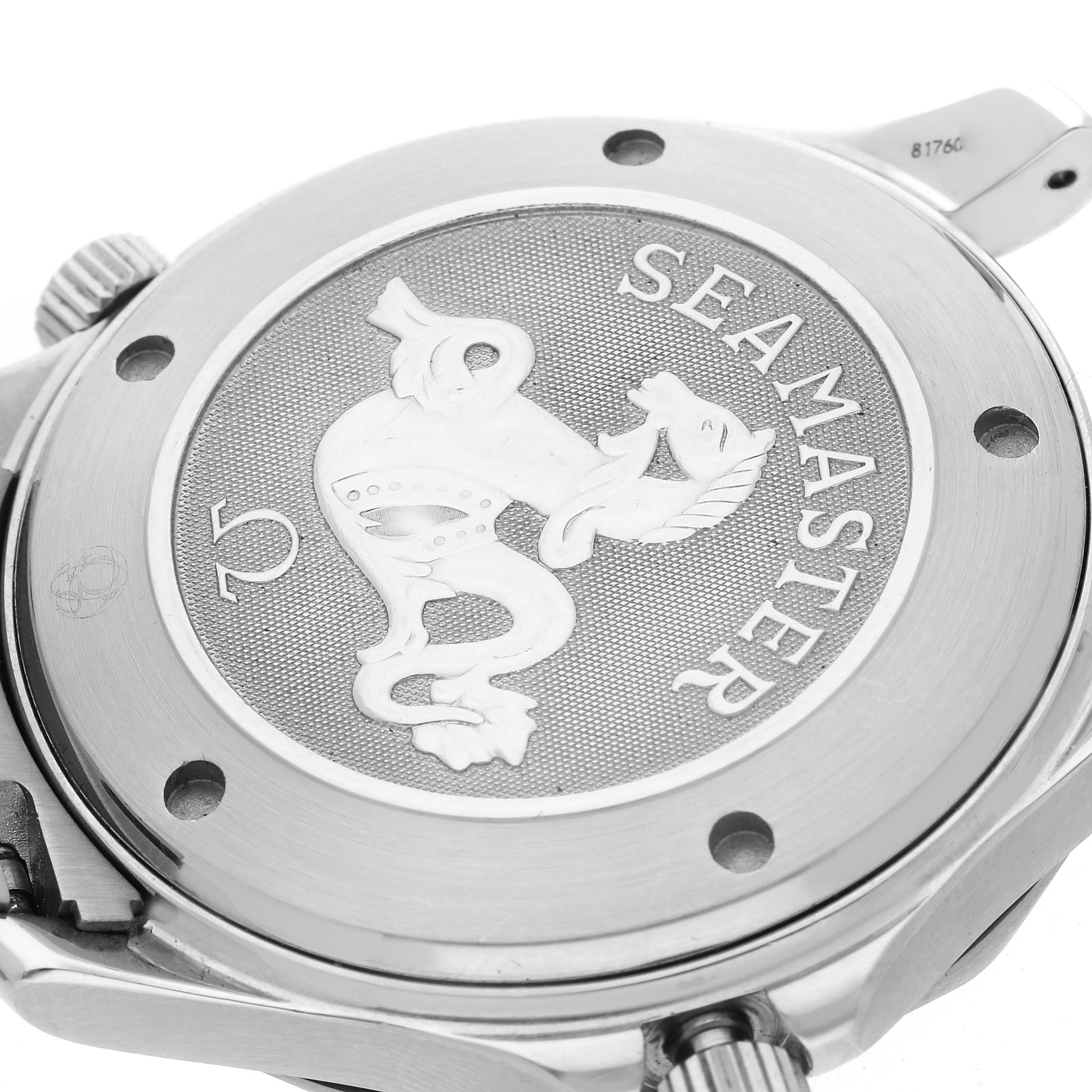 The image shows the case back of an Omega Seamaster 2220.80.00 Men
s Stainless Steel Blue Dial 2220.80.00 Men
s Stainless Steel Blue Dial watch, highlighting the engraved logo and textured design.