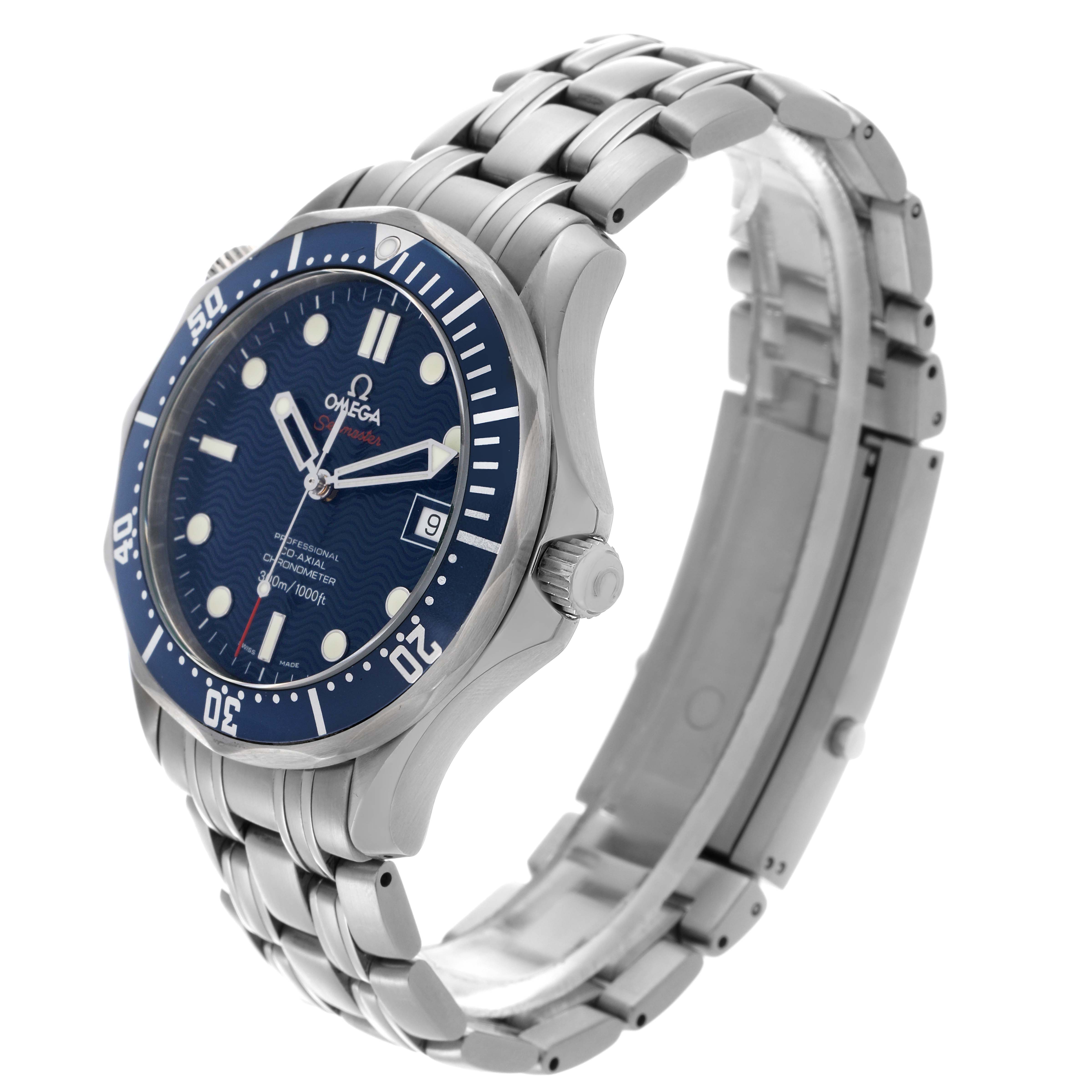 The Omega Seamaster 2220.80.00 Men
s Stainless Steel Blue Dial 2220.80.00 Men
s Stainless Steel Blue Dial watch is shown at a three-quarter angle, highlighting the dial, bezel, crown, and stainless steel bracelet.