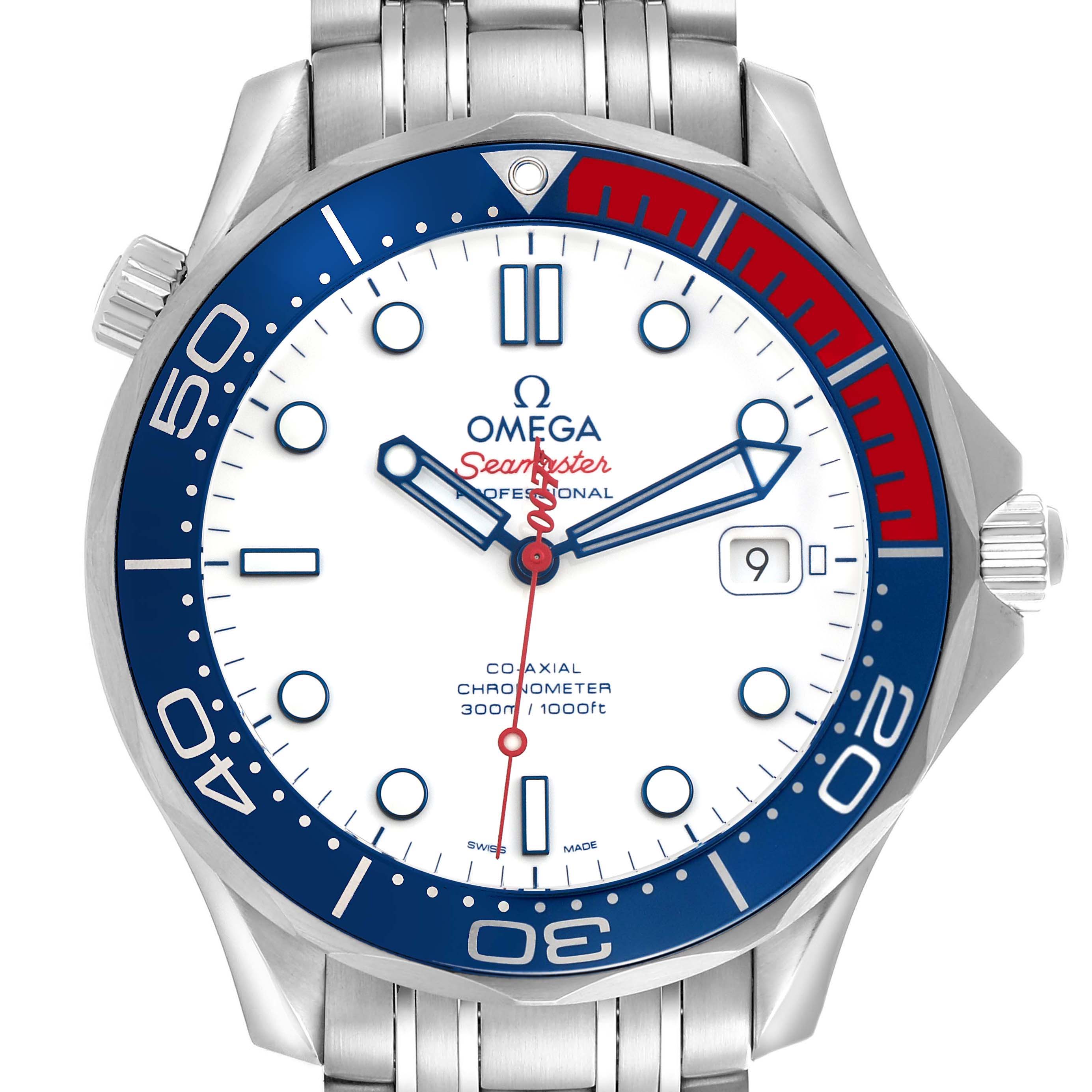 The Omega Seamaster 212.32.41.20.04.001 Men's Stainless Steel White Dial 212.32.41.20.04.001 Men's Stainless Steel White Dial watch is shown from a top-down angle, highlighting its dial and bezel.