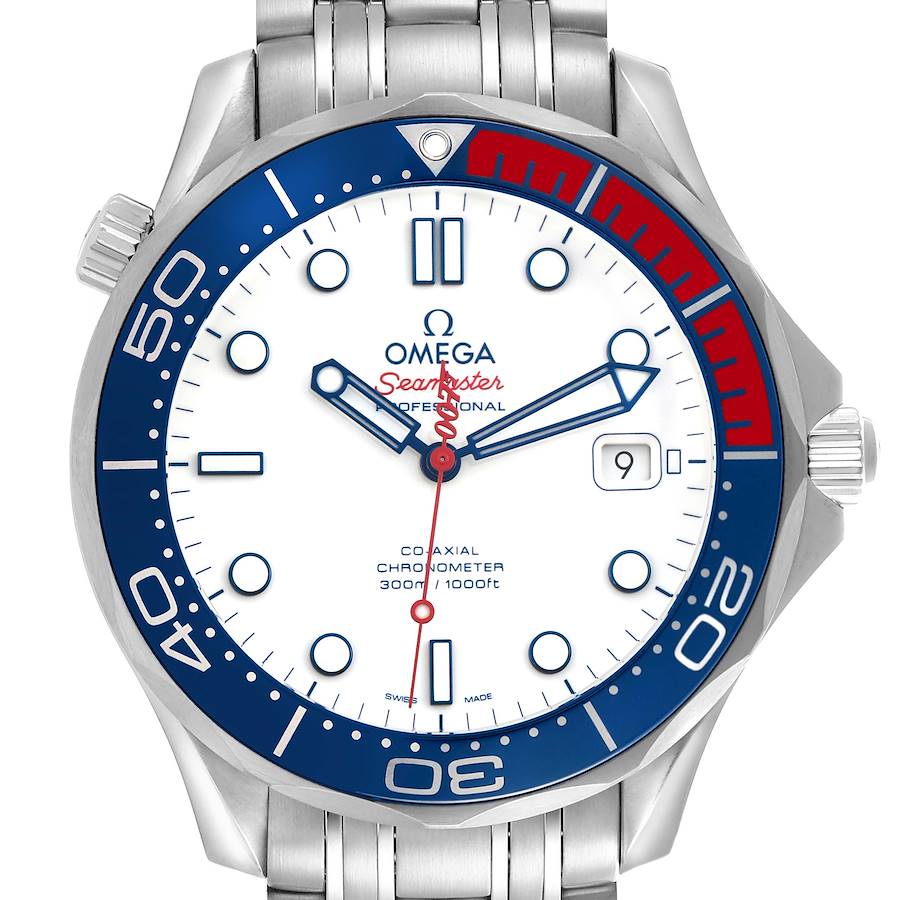 The Omega Seamaster watch is shown from a top-down angle, highlighting its dial and bezel.