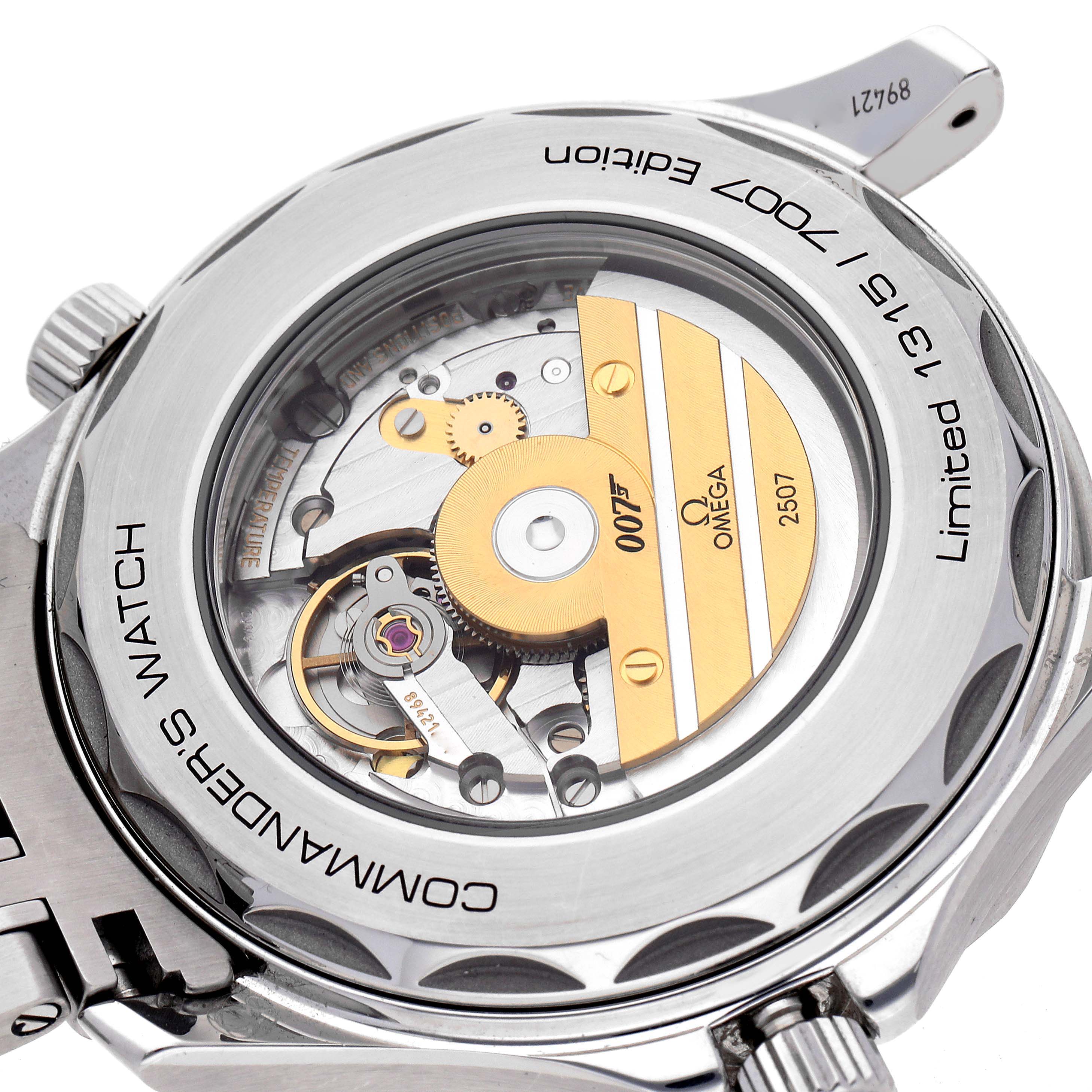 The Omega Seamaster 212.32.41.20.04.001 Men's Stainless Steel White Dial 212.32.41.20.04.001 Men's Stainless Steel White Dial model is shown from the back, displaying its inner mechanical components and engraving details.