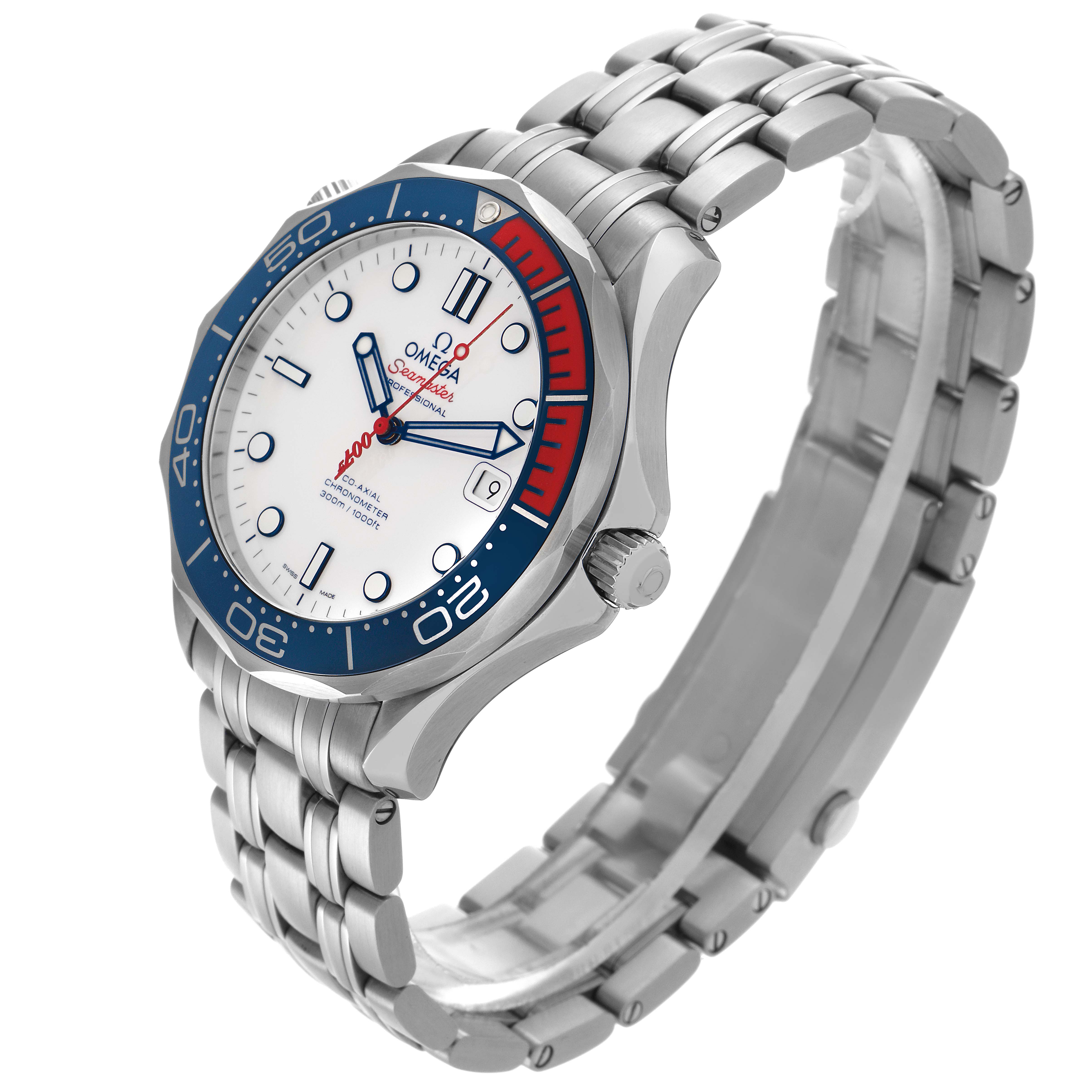 The Omega Seamaster 212.32.41.20.04.001 Men's Stainless Steel White Dial 212.32.41.20.04.001 Men's Stainless Steel White Dial watch is shown at an angled side view, displaying its face, bezel, crown, and bracelet.