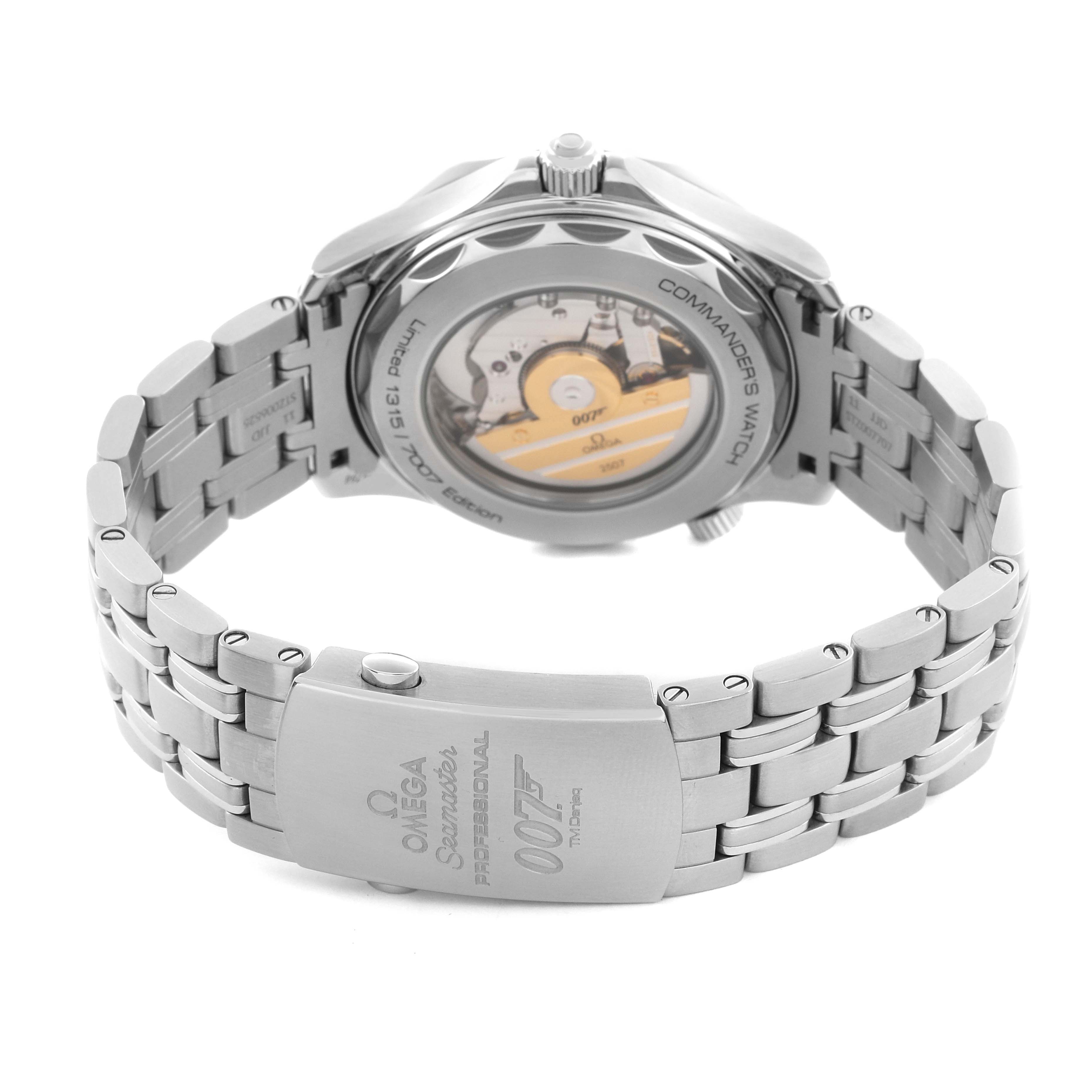 The Omega Seamaster 212.32.41.20.04.001 Men's Stainless Steel White Dial 212.32.41.20.04.001 Men's Stainless Steel White Dial watch is shown from the back, highlighting the case back and metal bracelet with the clasp visible.