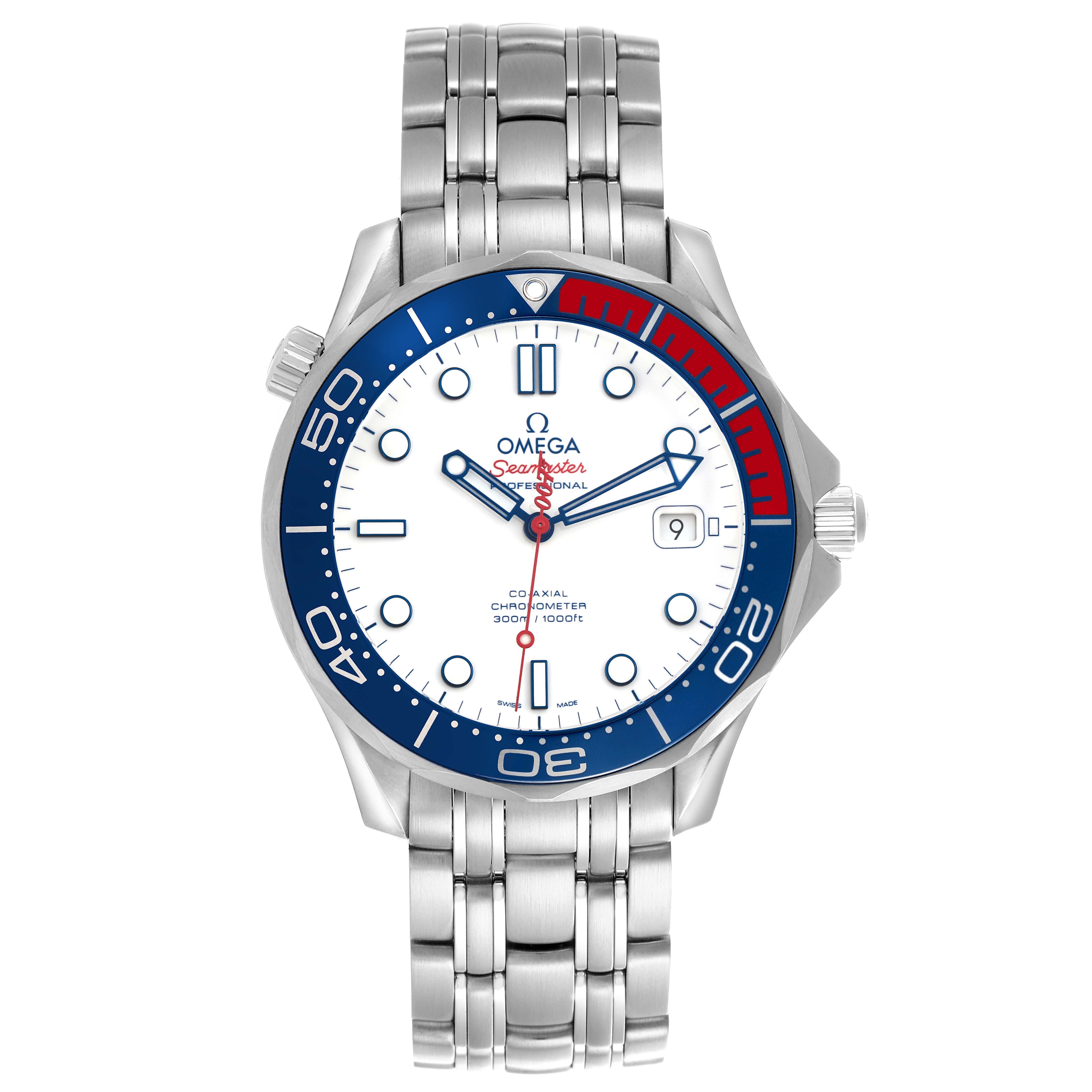 The Omega Seamaster 212.32.41.20.04.001 Men's Stainless Steel White Dial 212.32.41.20.04.001 Men's Stainless Steel White Dial watch is shown from the front, displaying the dial, bezel, bracelet, and crown.