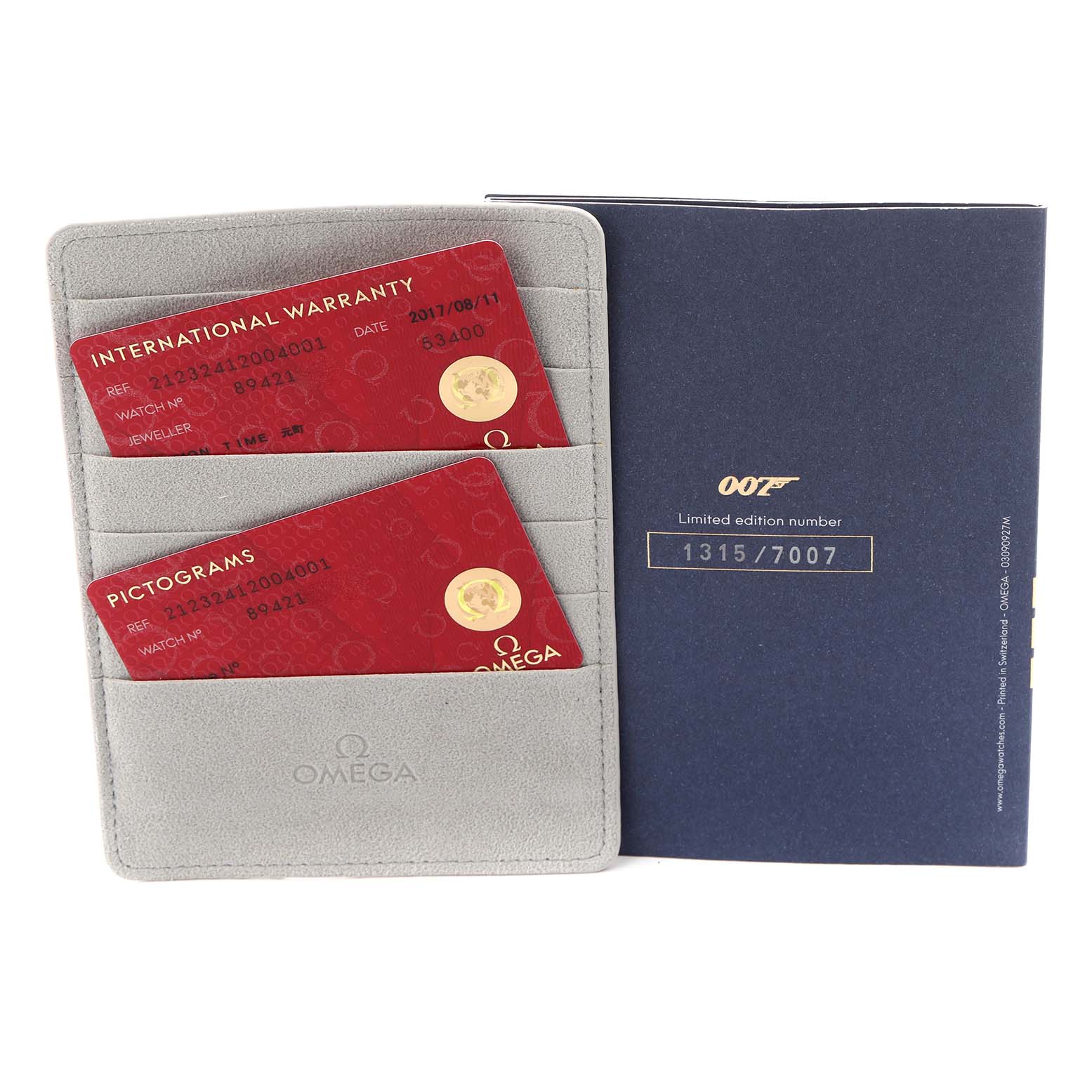 The image shows Omega Seamaster 212.32.41.20.04.001 Men's Stainless Steel White Dial 212.32.41.20.04.001 Men's Stainless Steel White Dial warranty cards in a holder and a blue limited edition box.