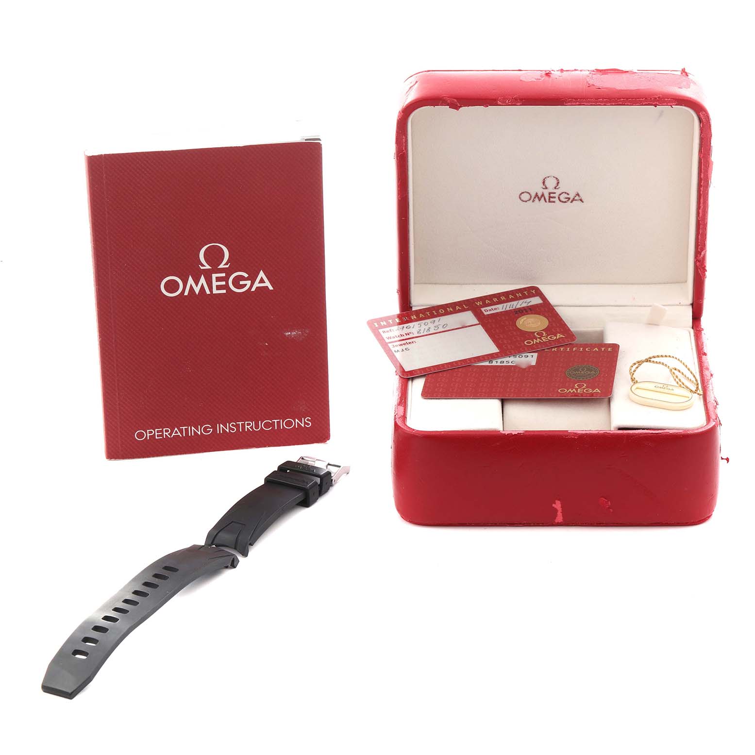 The image shows an Omega Planet Ocean 2901.50.91 Men
s Stainless Steel Black Dial 2901.50.91 Men
s Stainless Steel Black Dial watch strap, operating instructions, cards, and a red box, all laid out from a front angle.