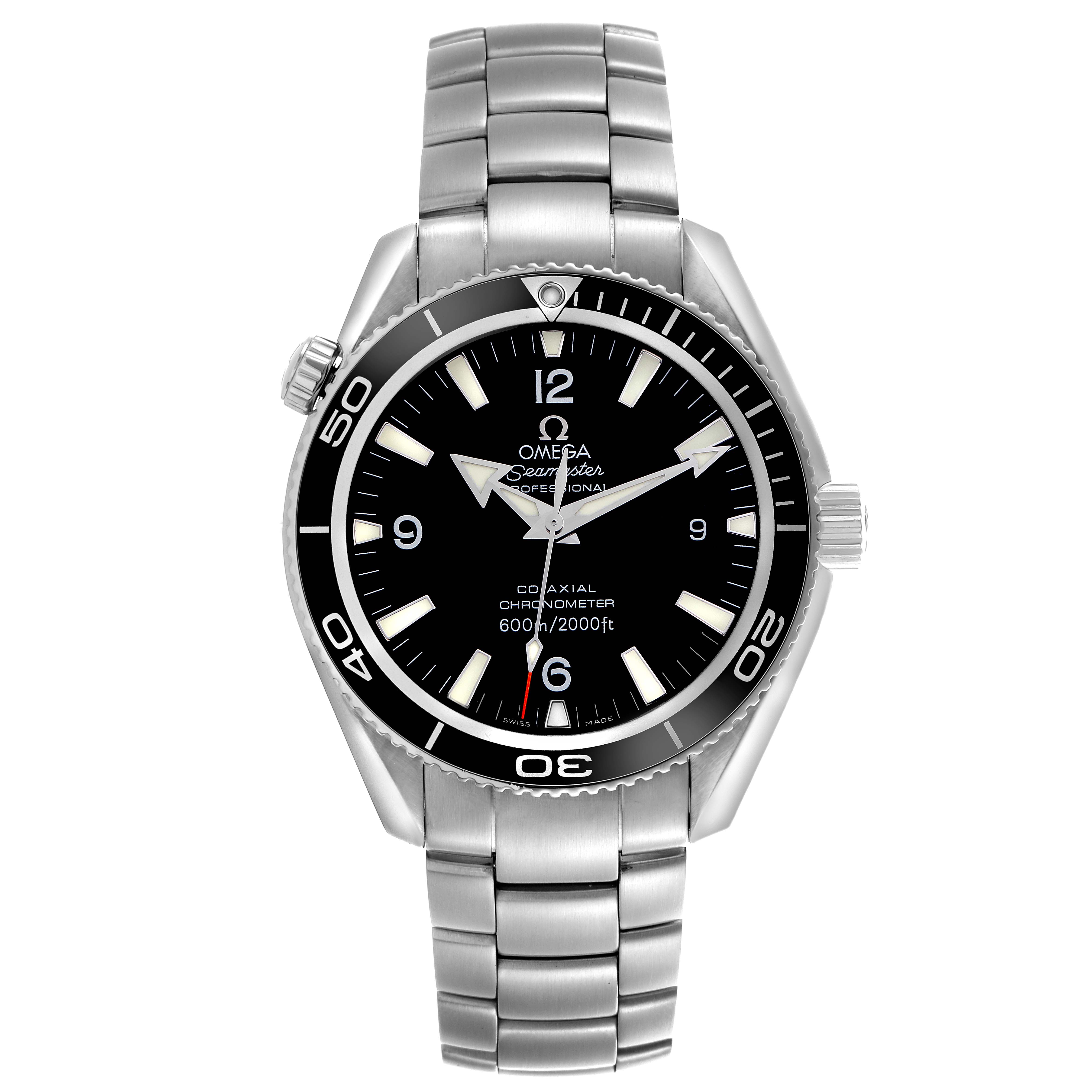 The Omega Planet Ocean 2901.50.91 Men
s Stainless Steel Black Dial 2901.50.91 Men
s Stainless Steel Black Dial watch is shown from a front angle, displaying its bezel, dial, hands, and bracelet.