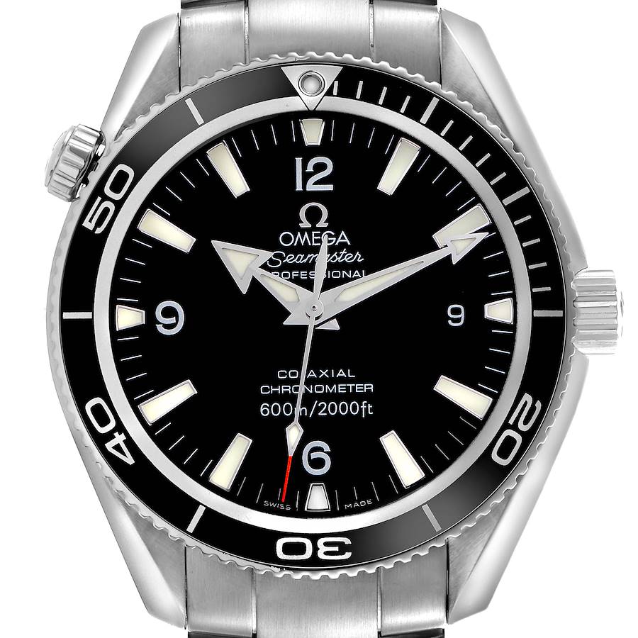 This image shows a frontal view of the Omega Planet Ocean watch face, bezel, and part of the bracelet.