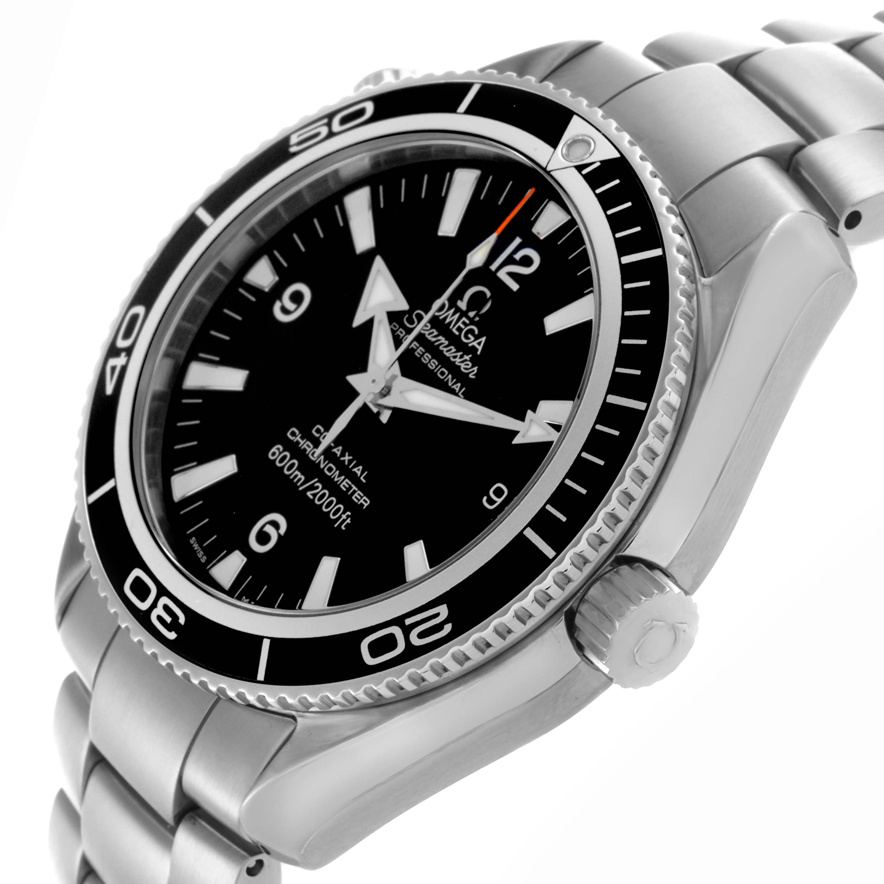 The Omega Planet Ocean 2901.50.91 Men
s Stainless Steel Black Dial 2901.50.91 Men
s Stainless Steel Black Dial watch is shown from an angled side view, highlighting the bezel, crown, and bracelet.