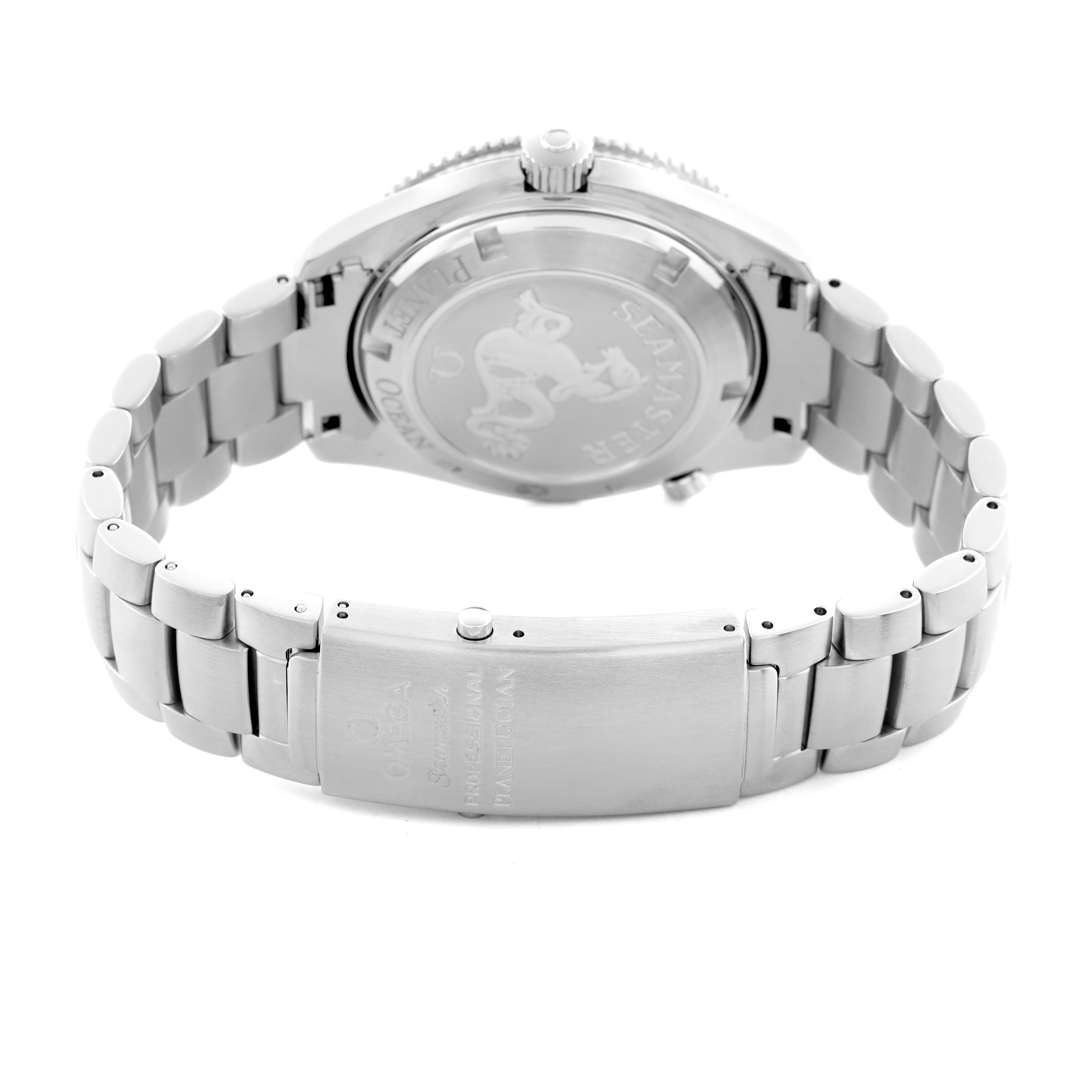 The image shows the back view of the Omega Planet Ocean 2901.50.91 Men
s Stainless Steel Black Dial 2901.50.91 Men
s Stainless Steel Black Dial watch, highlighting the case back and bracelet clasp.