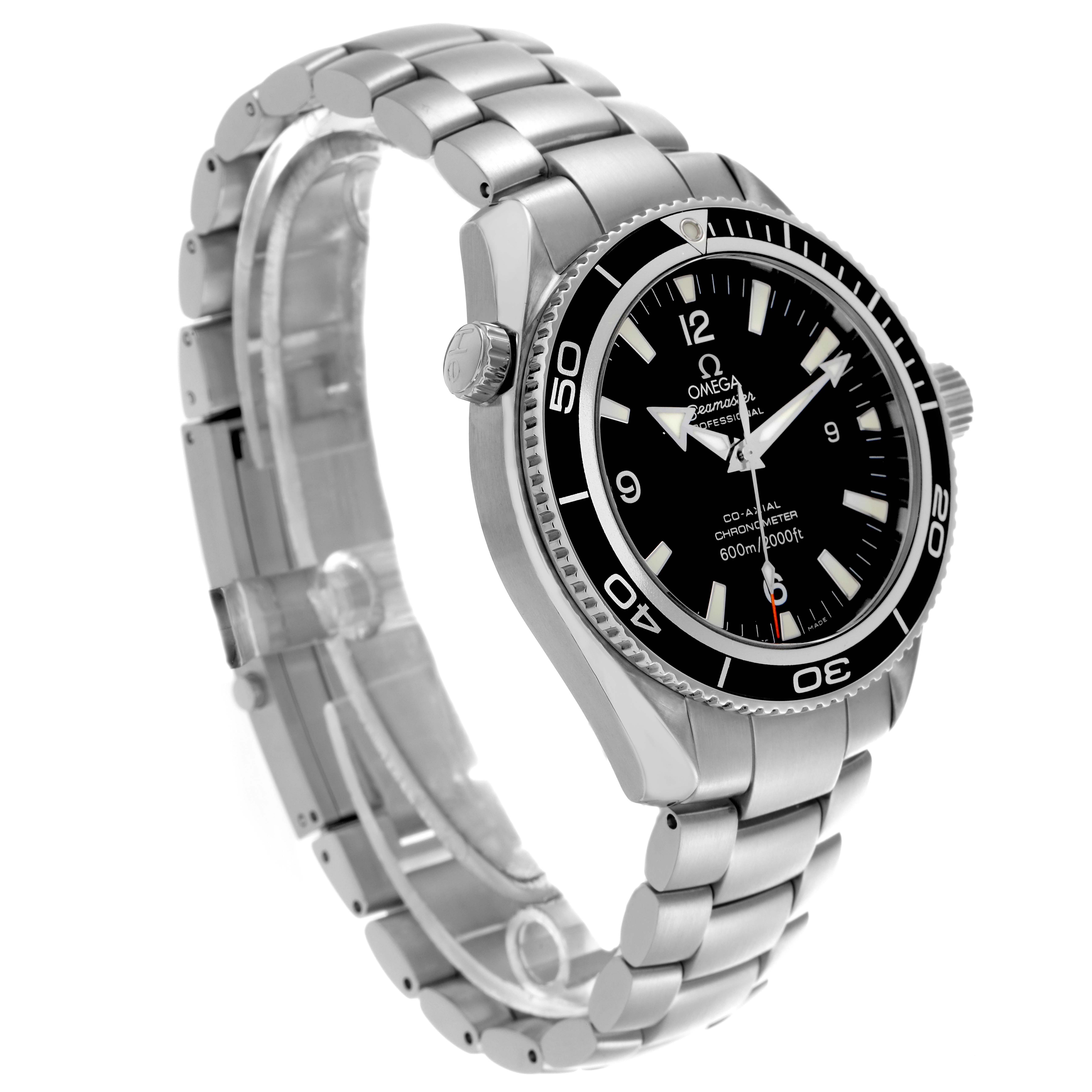 The Omega Planet Ocean 2901.50.91 Men
s Stainless Steel Black Dial 2901.50.91 Men
s Stainless Steel Black Dial watch is shown at a three-quarter angle, highlighting the bezel, dial, crown, and bracelet.