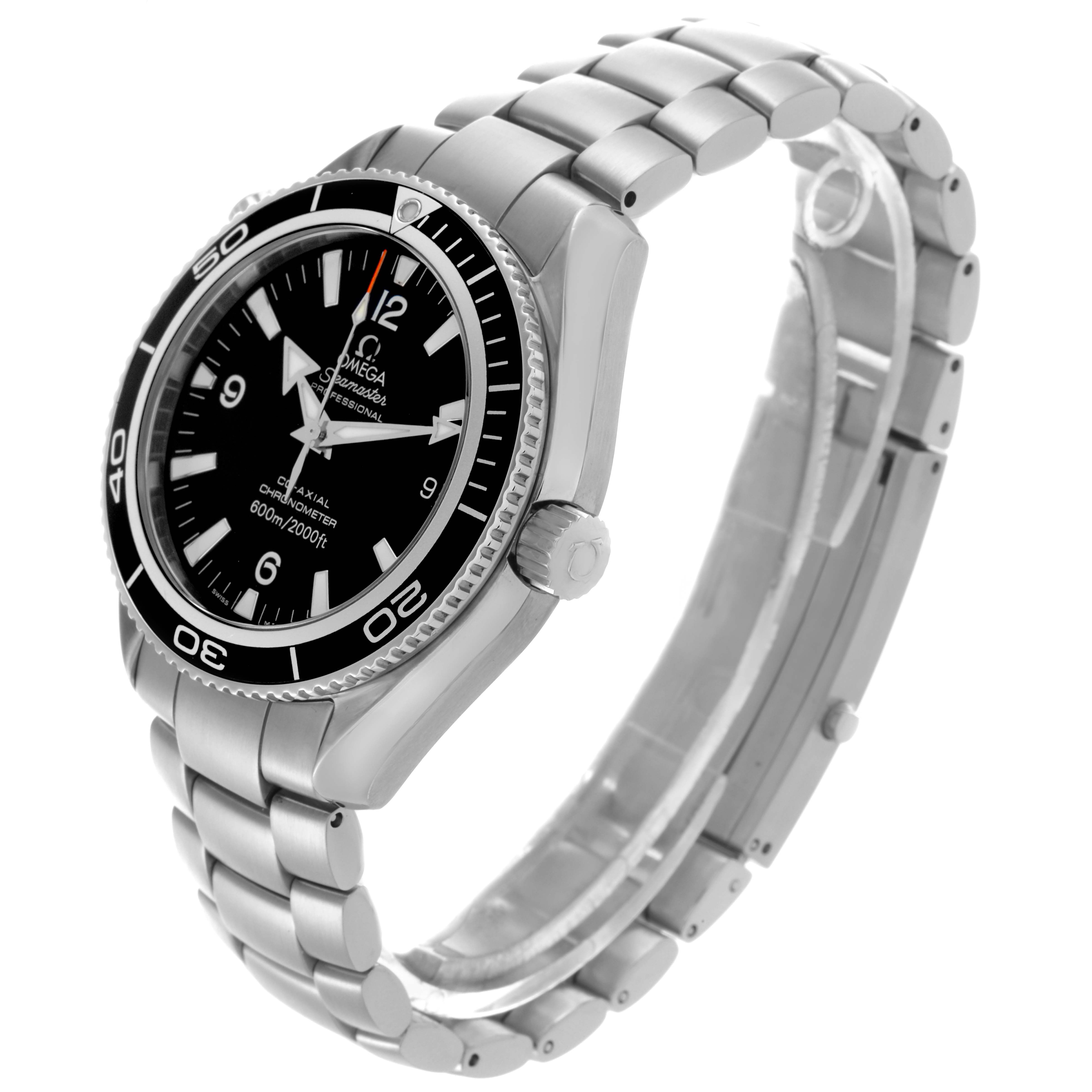 The Omega Planet Ocean 2901.50.91 Men
s Stainless Steel Black Dial 2901.50.91 Men
s Stainless Steel Black Dial watch is shown at a three-quarter angle, highlighting its face, bezel, and stainless steel bracelet.