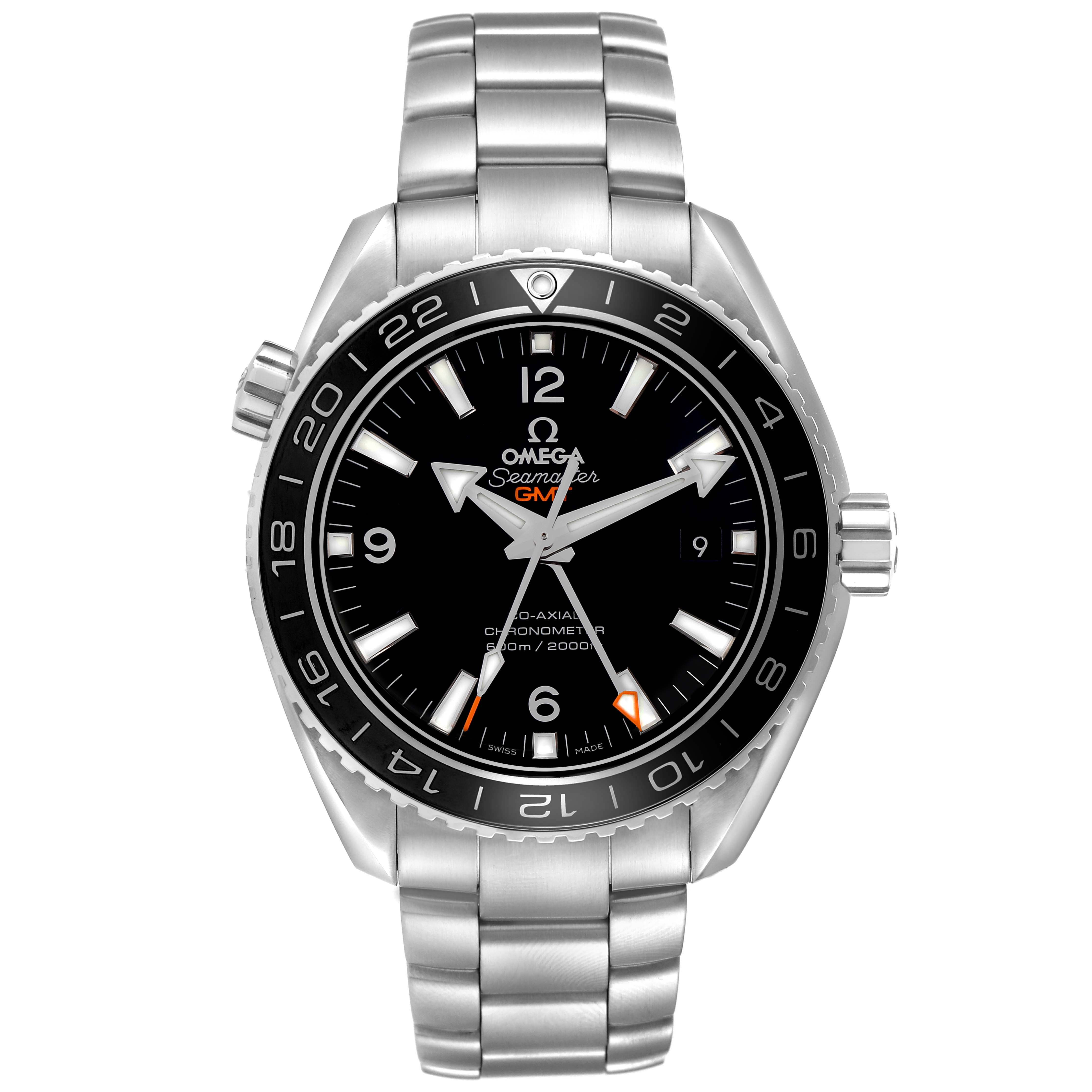 The Omega Planet Ocean 232.30.44.22.01.001 Men's Stainless Steel Black Dial 232.30.44.22.01.001 Men's Stainless Steel Black Dial watch is shown from a front angle, displaying its face, bezel, and bracelet.