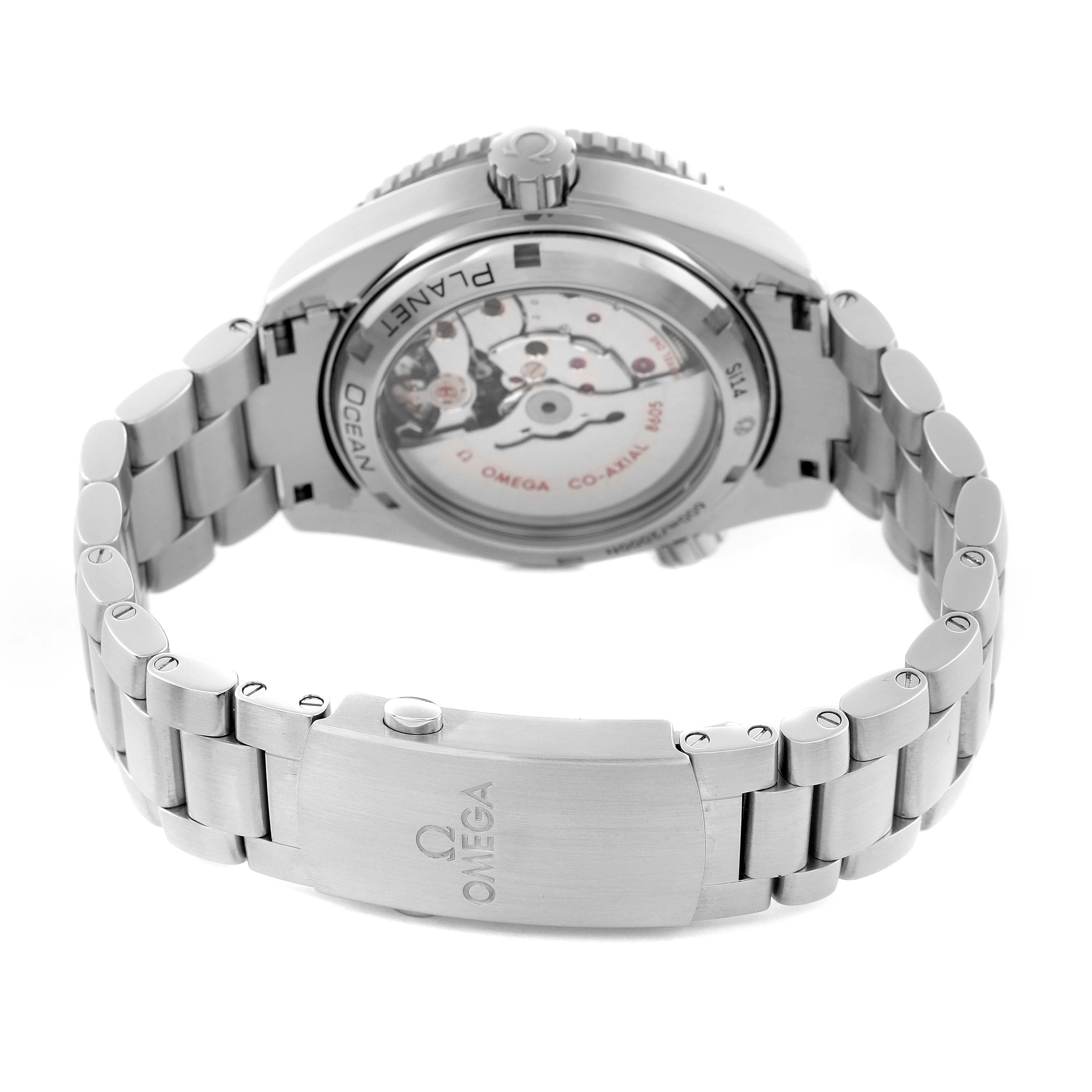 The Omega Planet Ocean 232.30.44.22.01.001 Men's Stainless Steel Black Dial 232.30.44.22.01.001 Men's Stainless Steel Black Dial watch is shown from the back, displaying the case back, movement, and metal bracelet with a clasp.