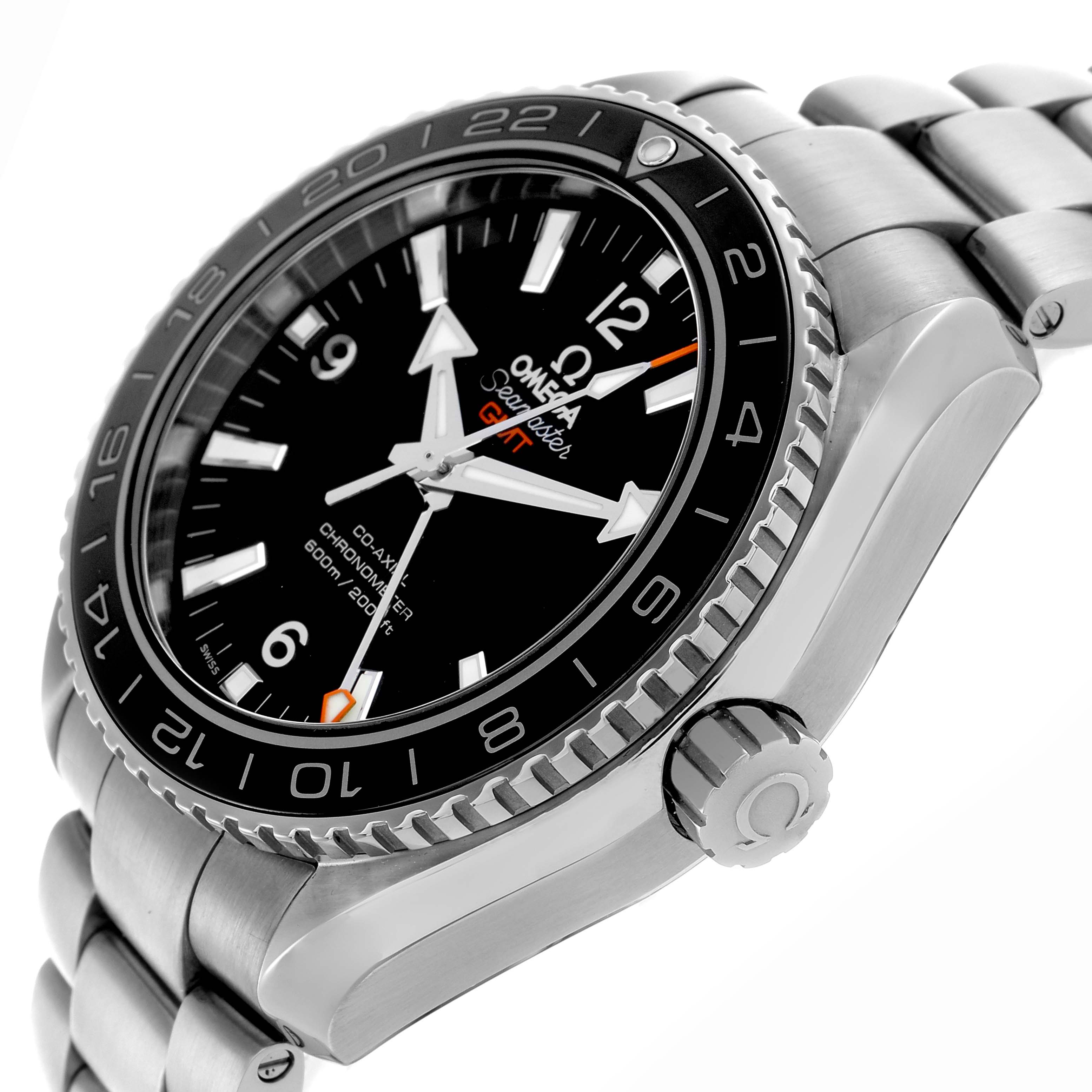 The Omega Planet Ocean 232.30.44.22.01.001 Men's Stainless Steel Black Dial 232.30.44.22.01.001 Men's Stainless Steel Black Dial watch is shown at an angled side view, highlighting its dial, bezel, case, and bracelet.