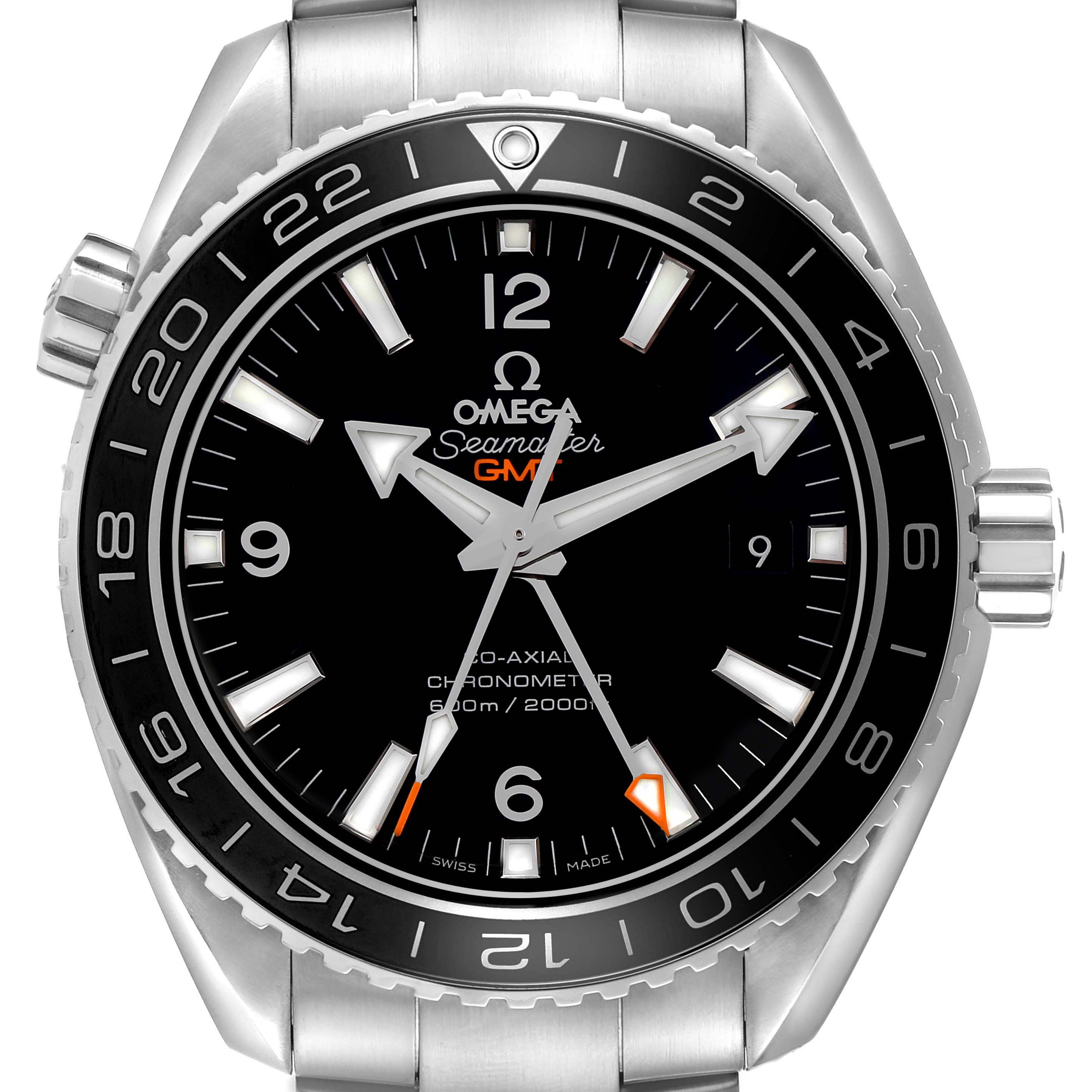 The Omega Planet Ocean 232.30.44.22.01.001 Men's Stainless Steel Black Dial 232.30.44.22.01.001 Men's Stainless Steel Black Dial watch is shown from a frontal angle, highlighting the bezel, dial, hands, and crown.