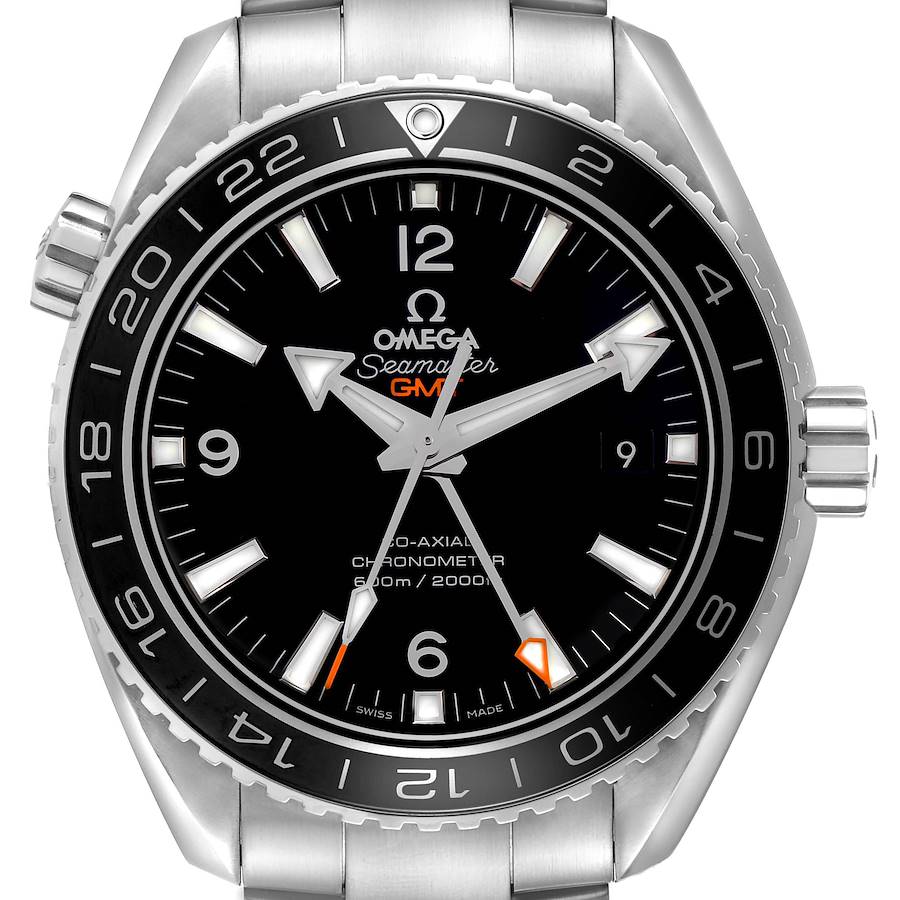 The Omega Planet Ocean watch is shown from a frontal angle, highlighting the bezel, dial, hands, and crown.