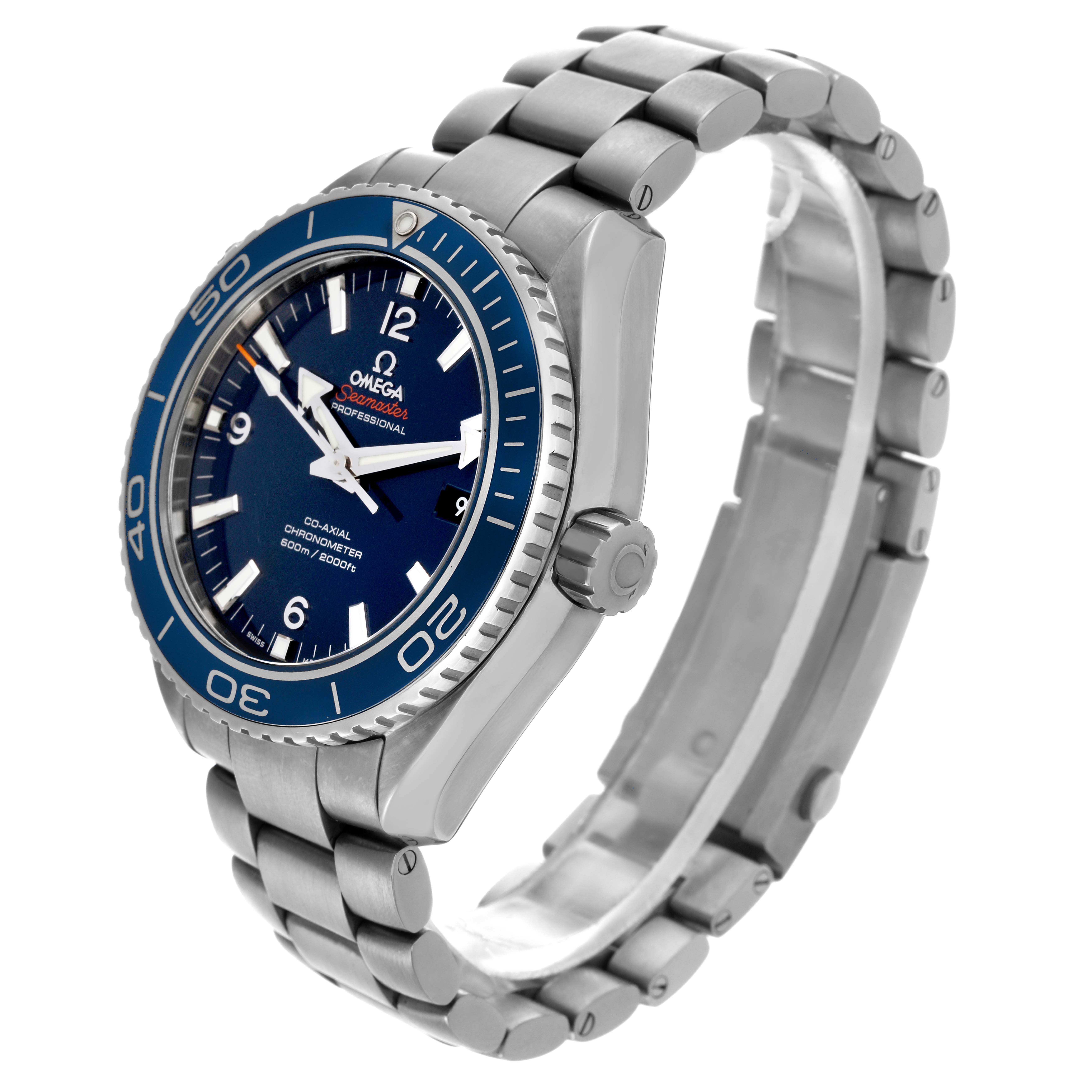 The Omega Planet Ocean 232.90.46.21.03.001 Men's Titanium Blue Dial 232.90.46.21.03.001 Men's Titanium Blue Dial watch is shown at a three-quarter angle, displaying the face, bezel, crown, and stainless steel bracelet.