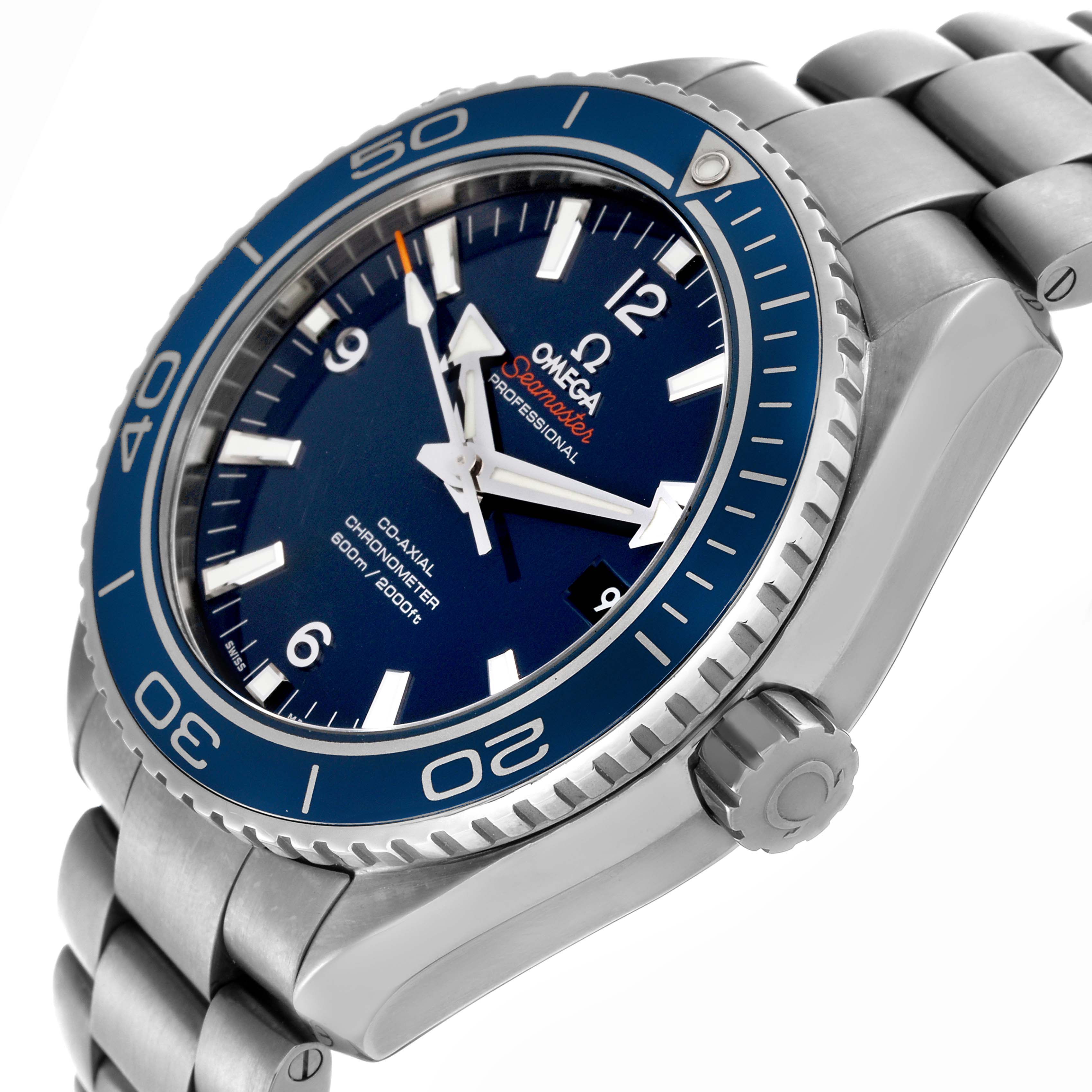 The Omega Planet Ocean 232.90.46.21.03.001 Men's Titanium Blue Dial 232.90.46.21.03.001 Men's Titanium Blue Dial watch is shown at an angle highlighting the blue dial, bezel, crown, and metal bracelet.