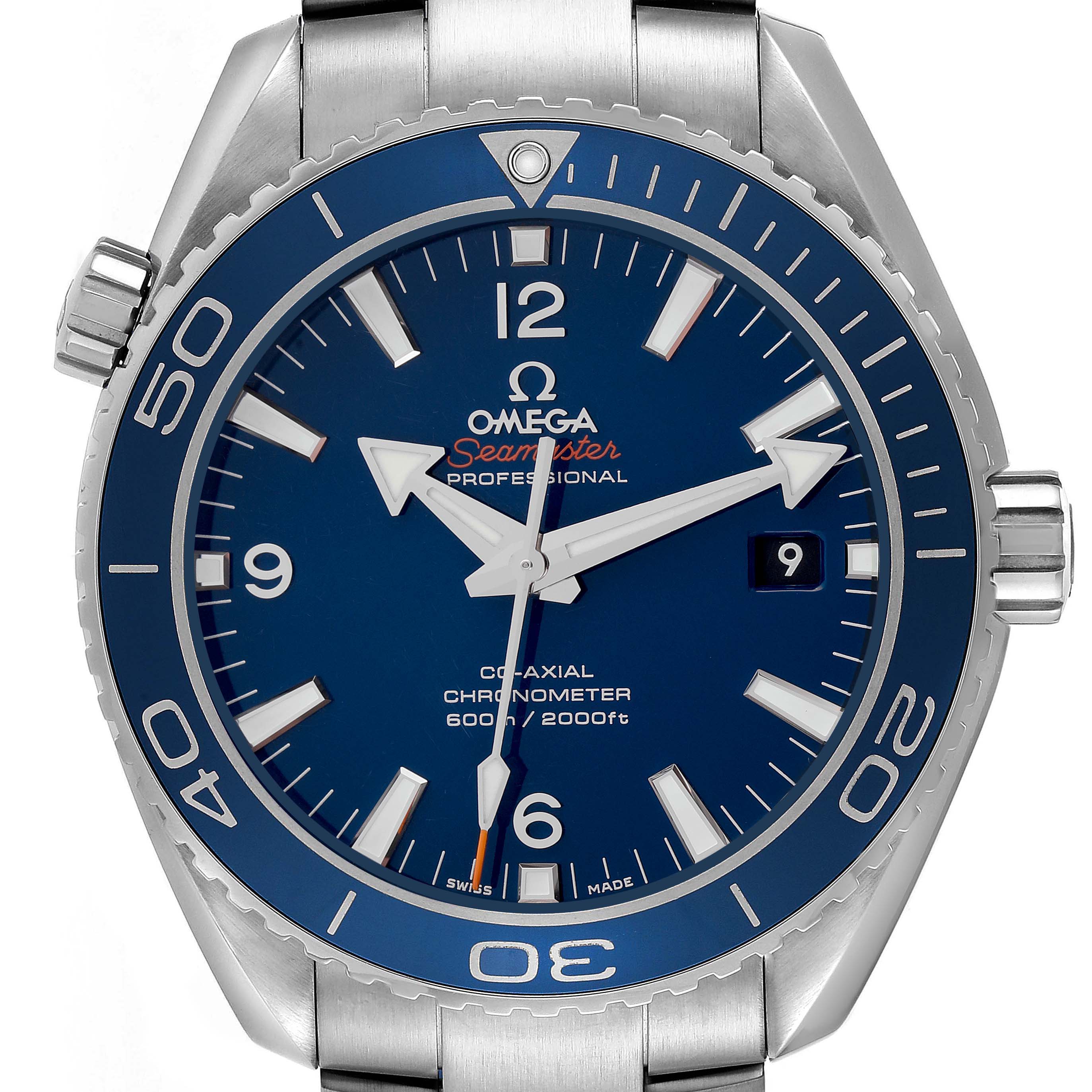 The Omega Planet Ocean 232.90.46.21.03.001 Men's Titanium Blue Dial 232.90.46.21.03.001 Men's Titanium Blue Dial watch is shown head-on, highlighting the bezel, face, crown, and part of the bracelet.