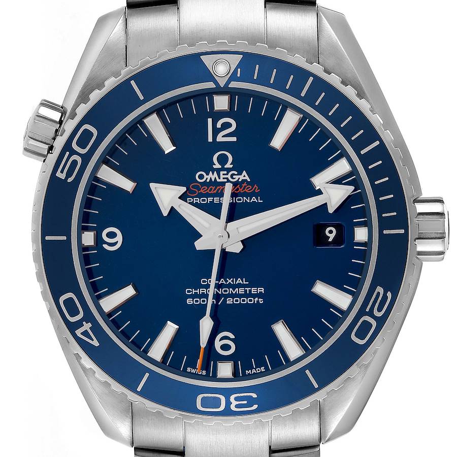 The Omega Planet Ocean watch is shown head-on, highlighting the bezel, face, crown, and part of the bracelet.
