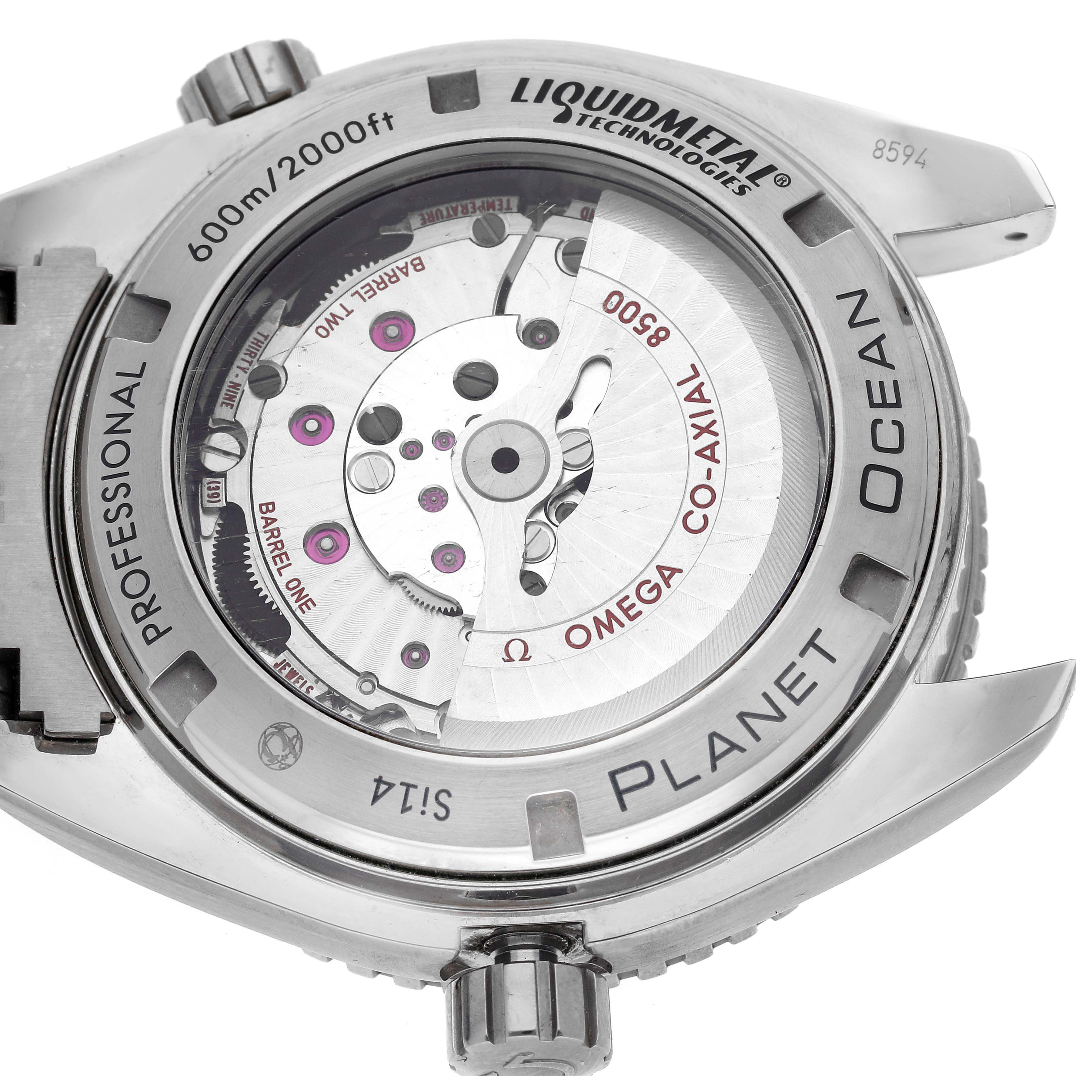 The image shows the Omega Planet Ocean 232.90.46.21.03.001 Men's Titanium Blue Dial 232.90.46.21.03.001 Men's Titanium Blue Dial watch from the back, highlighting its movement and branding details.