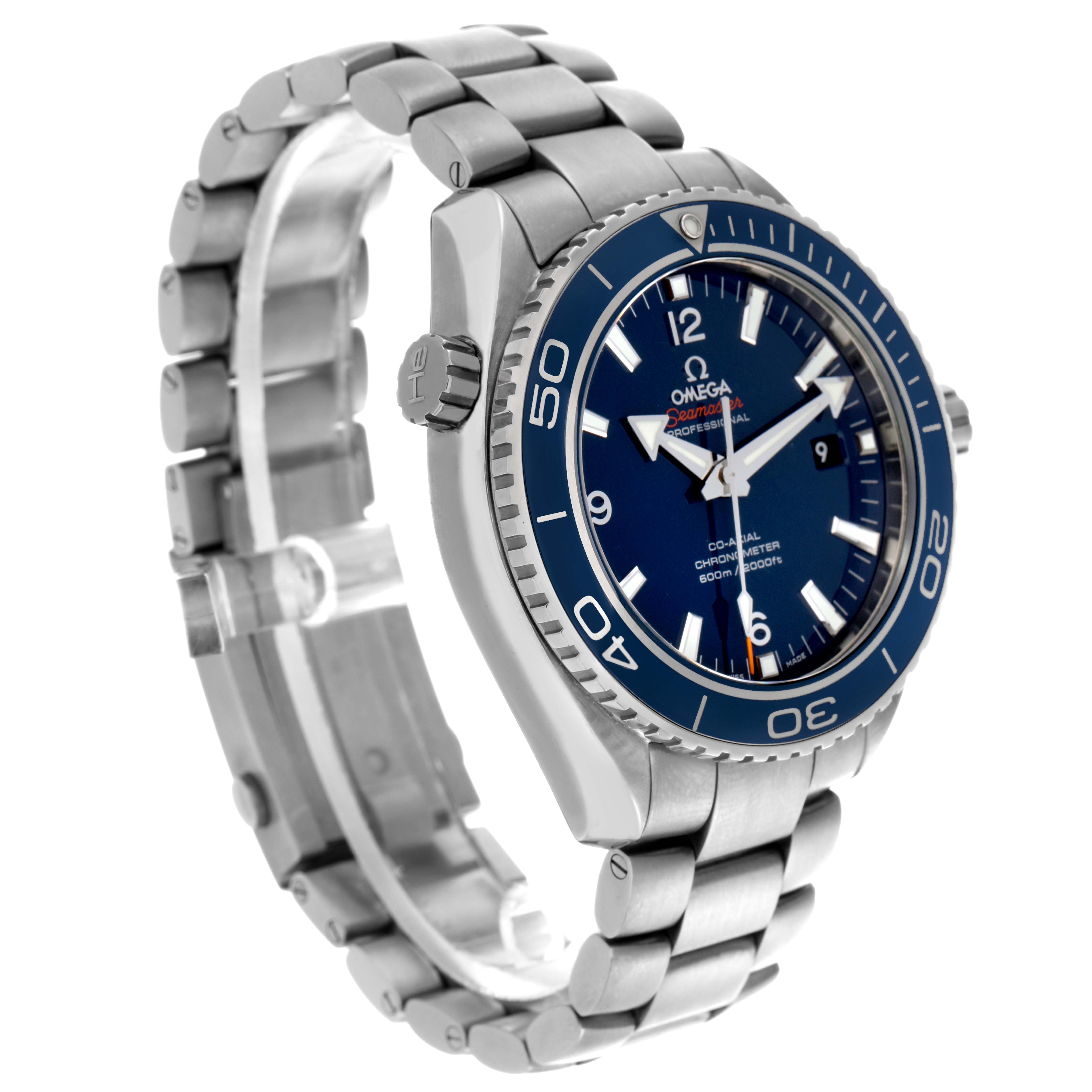 The Omega Planet Ocean 232.90.46.21.03.001 Men's Titanium Blue Dial 232.90.46.21.03.001 Men's Titanium Blue Dial is shown at a three-quarter angle, highlighting the watch face, bezel, crown, and bracelet.