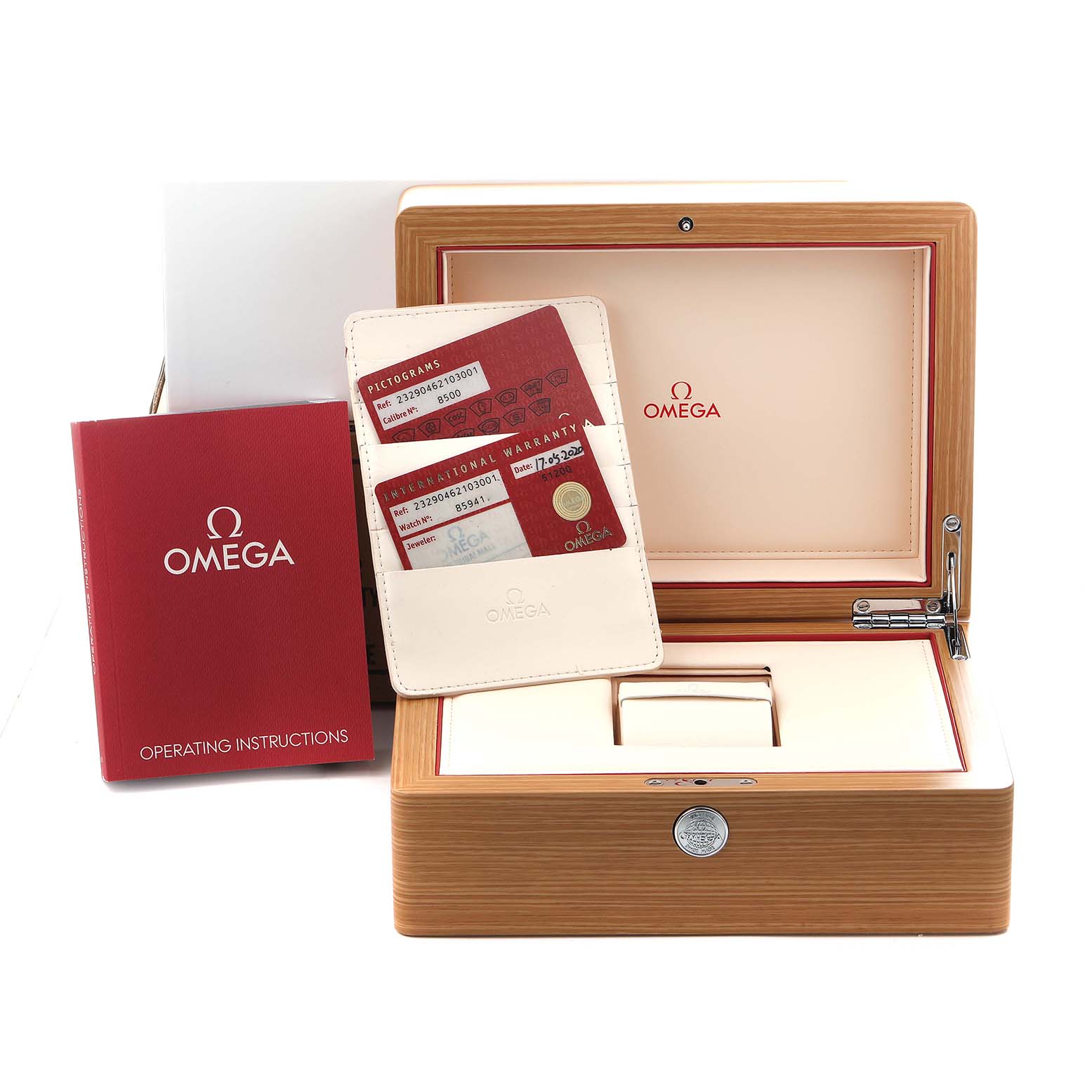 The image shows a wooden Omega Planet Ocean 232.90.46.21.03.001 Men's Titanium Blue Dial 232.90.46.21.03.001 Men's Titanium Blue Dial watch box, warranty cards, and an operating manual, viewed from the front.