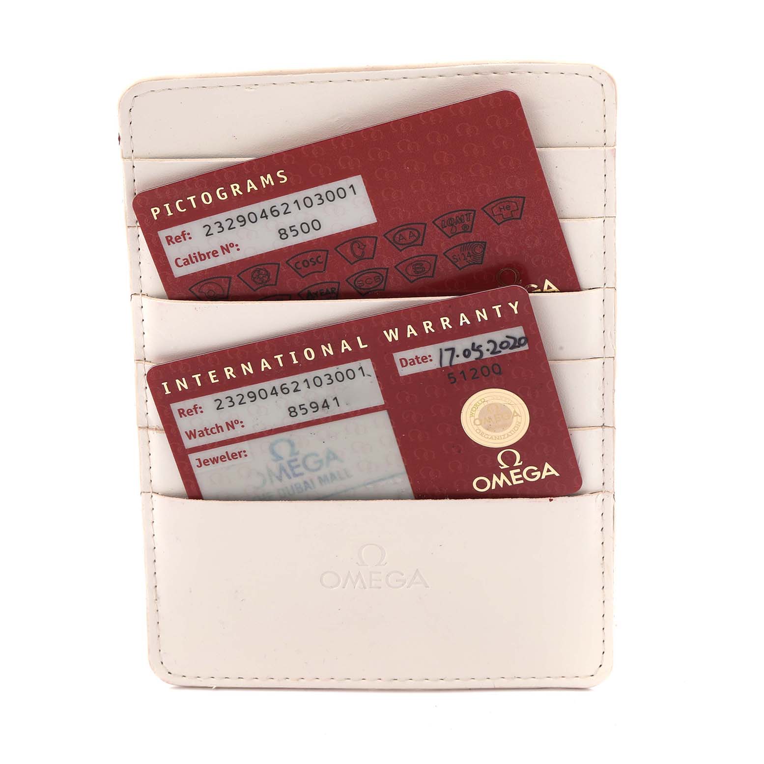 The image shows the Omega Planet Ocean 232.90.46.21.03.001 Men's Titanium Blue Dial 232.90.46.21.03.001 Men's Titanium Blue Dial model warranty and pictogram cards in a white cardholder.