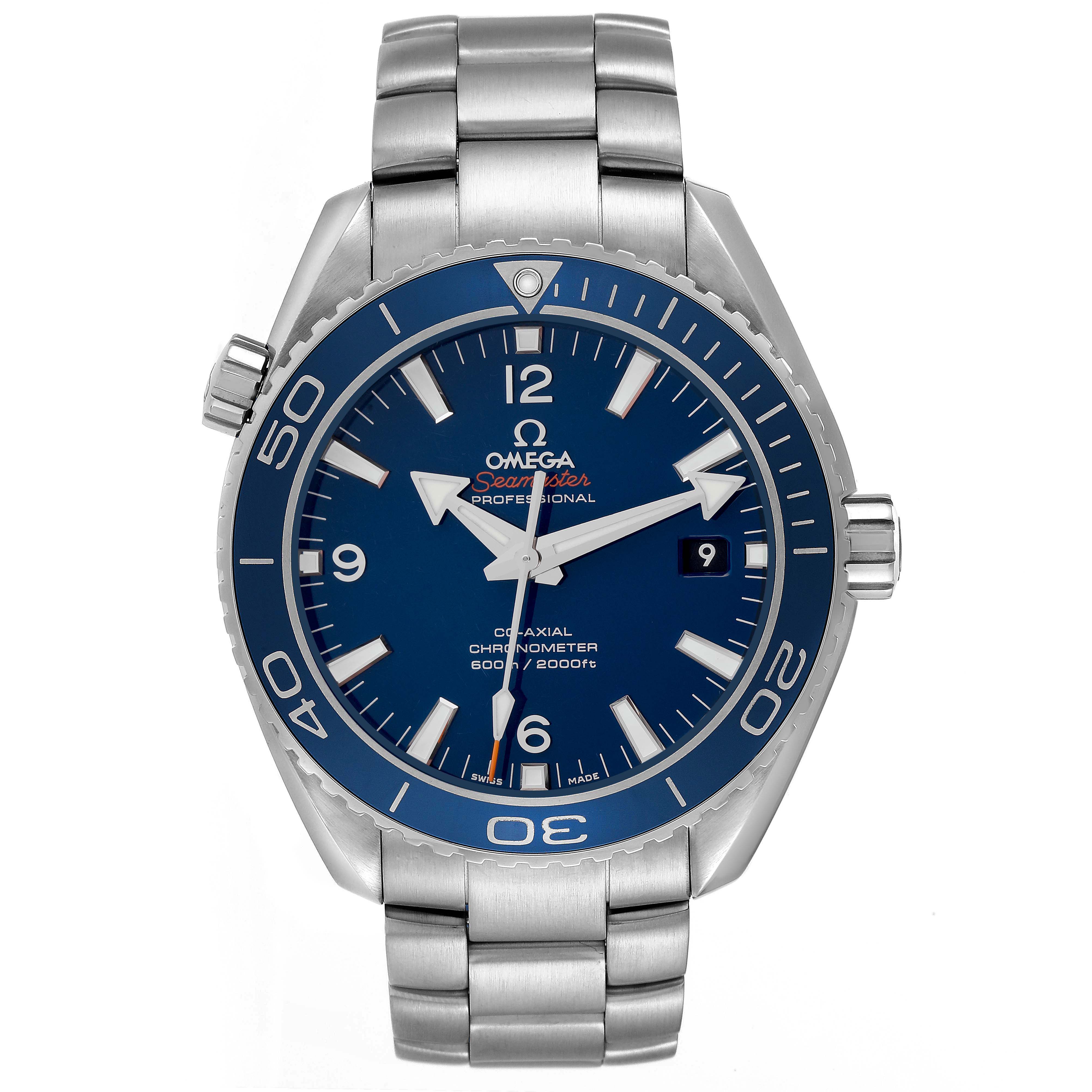 The Omega Planet Ocean 232.90.46.21.03.001 Men's Titanium Blue Dial 232.90.46.21.03.001 Men's Titanium Blue Dial watch is shown from a front angle, displaying its dial, bezel, and stainless steel bracelet.