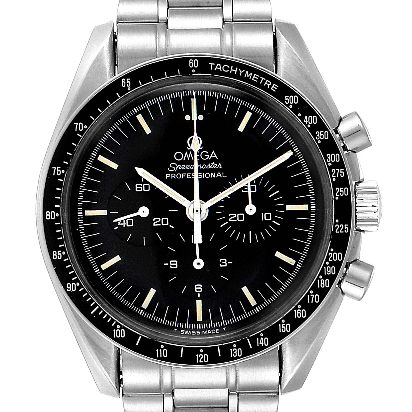 The image shows a front view of the Omega Speedmaster 3590.50.00 Men's Stainless Steel Black Dial 3590.50.00 Men's Stainless Steel Black Dial watch, featuring its dial, tachymeter bezel, and metal bracelet.