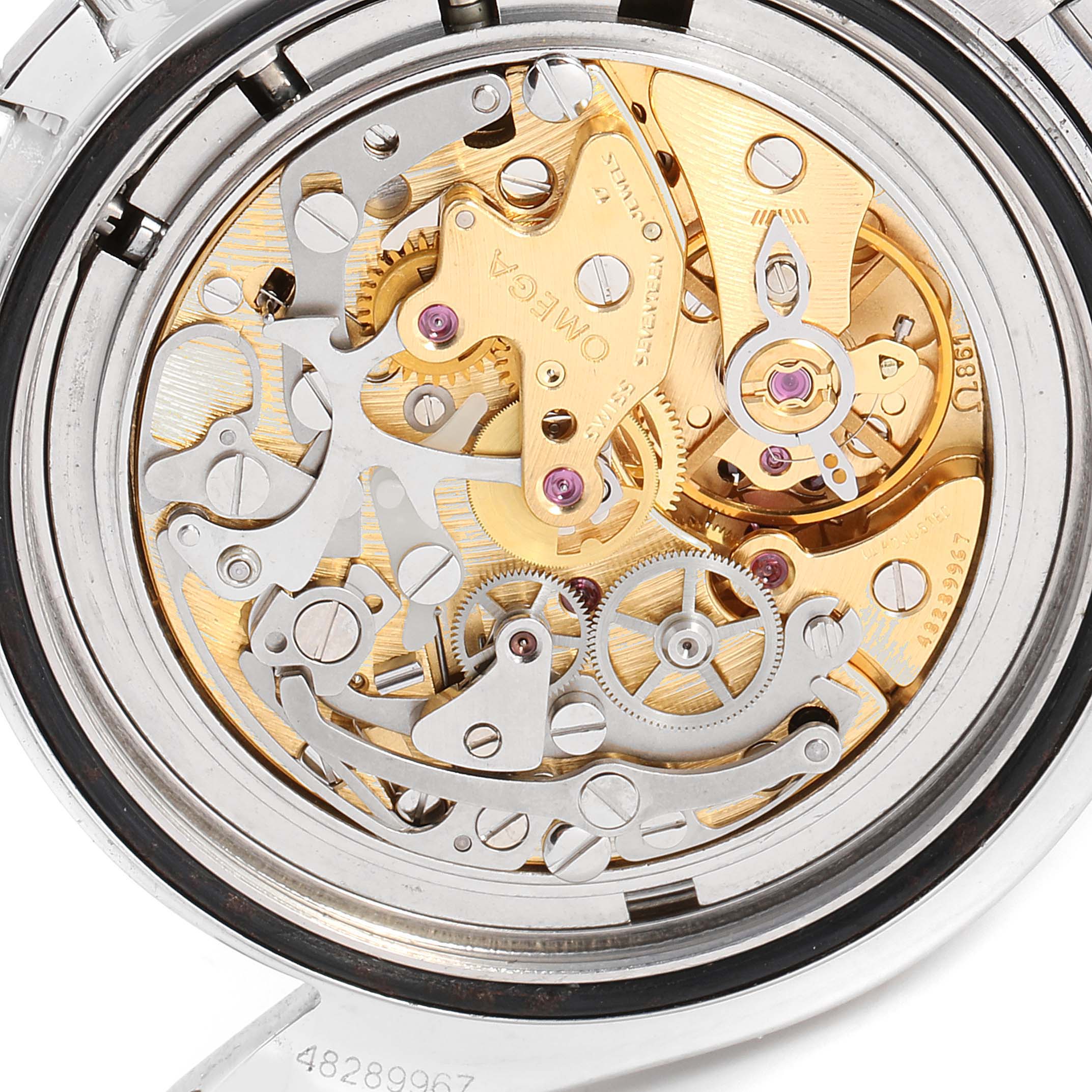 This image shows the intricate movement mechanism of the Omega Speedmaster 3590.50.00 Men's Stainless Steel Black Dial 3590.50.00 Men's Stainless Steel Black Dial watch from a close-up angle.