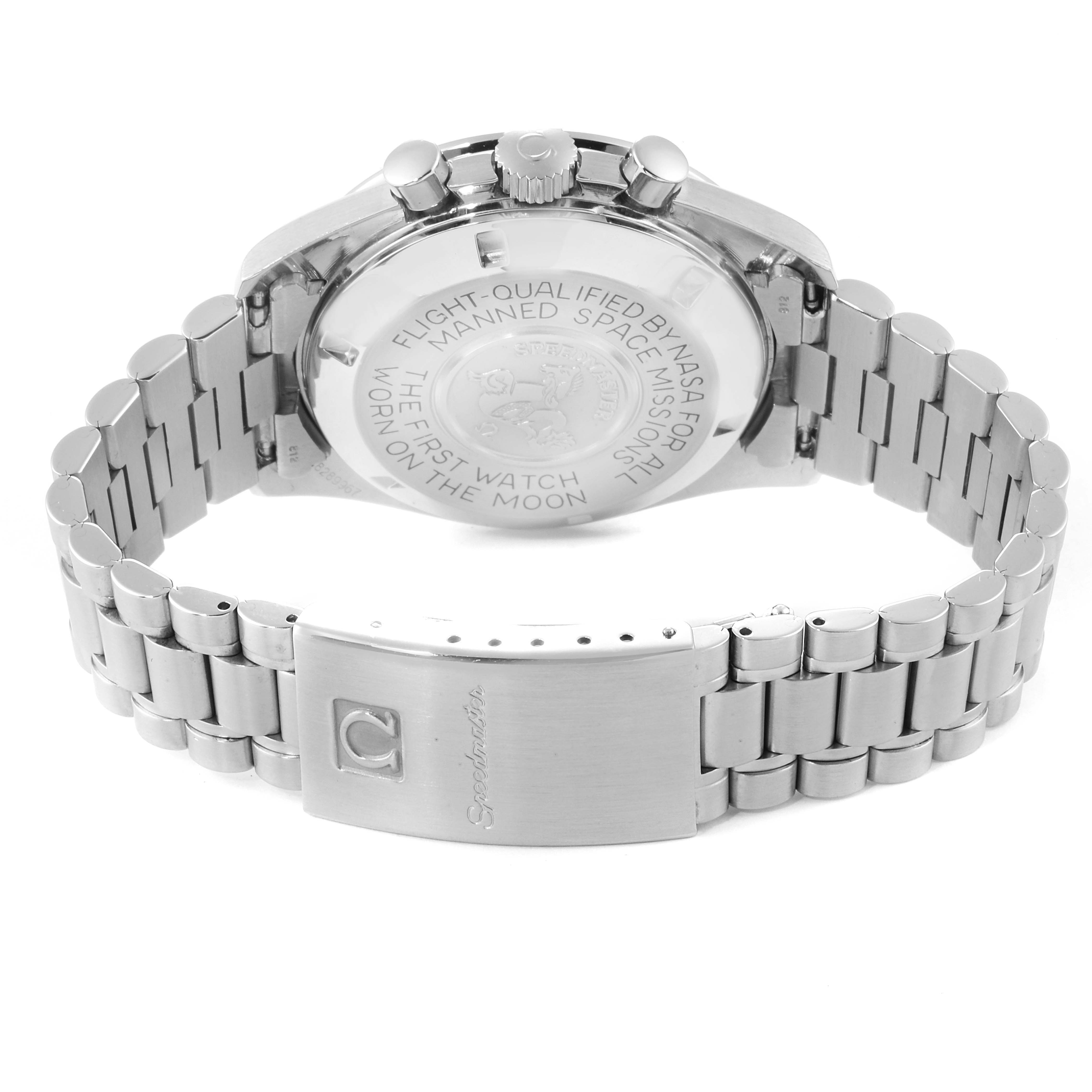 The image shows the back case and bracelet of the Omega Speedmaster 3590.50.00 Men's Stainless Steel Black Dial 3590.50.00 Men's Stainless Steel Black Dial watch.