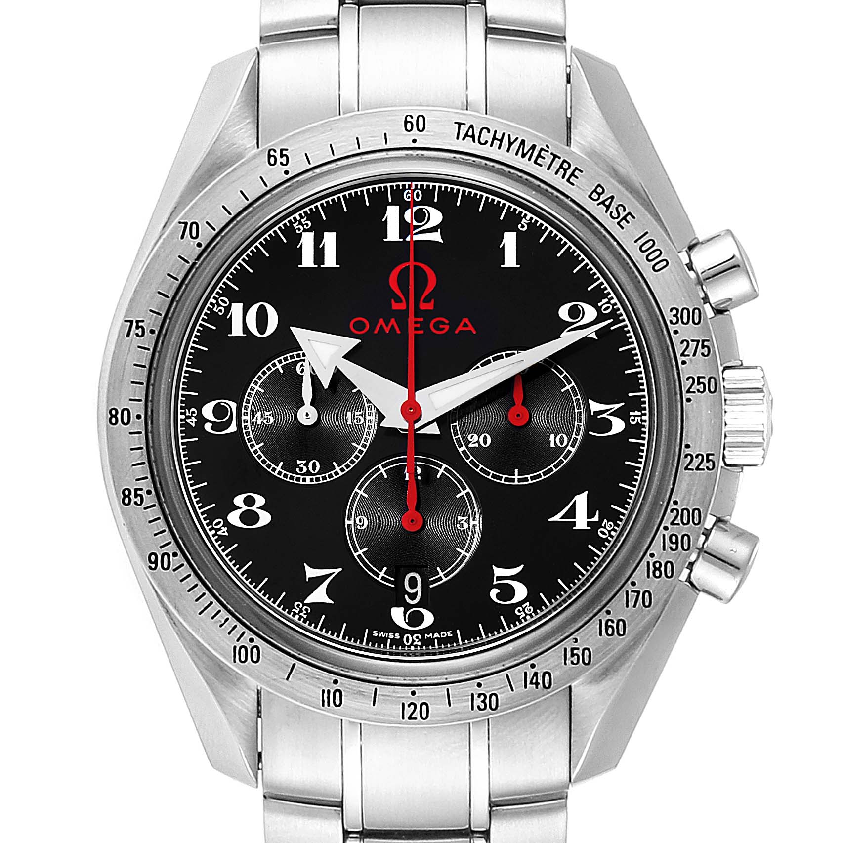 This image shows a front view of the Omega Speedmaster 3558.50.00 Men
s Stainless Steel Black Dial 3558.50.00 Men
s Stainless Steel Black Dial watch, highlighting its dial, bezel, and metal bracelet.
