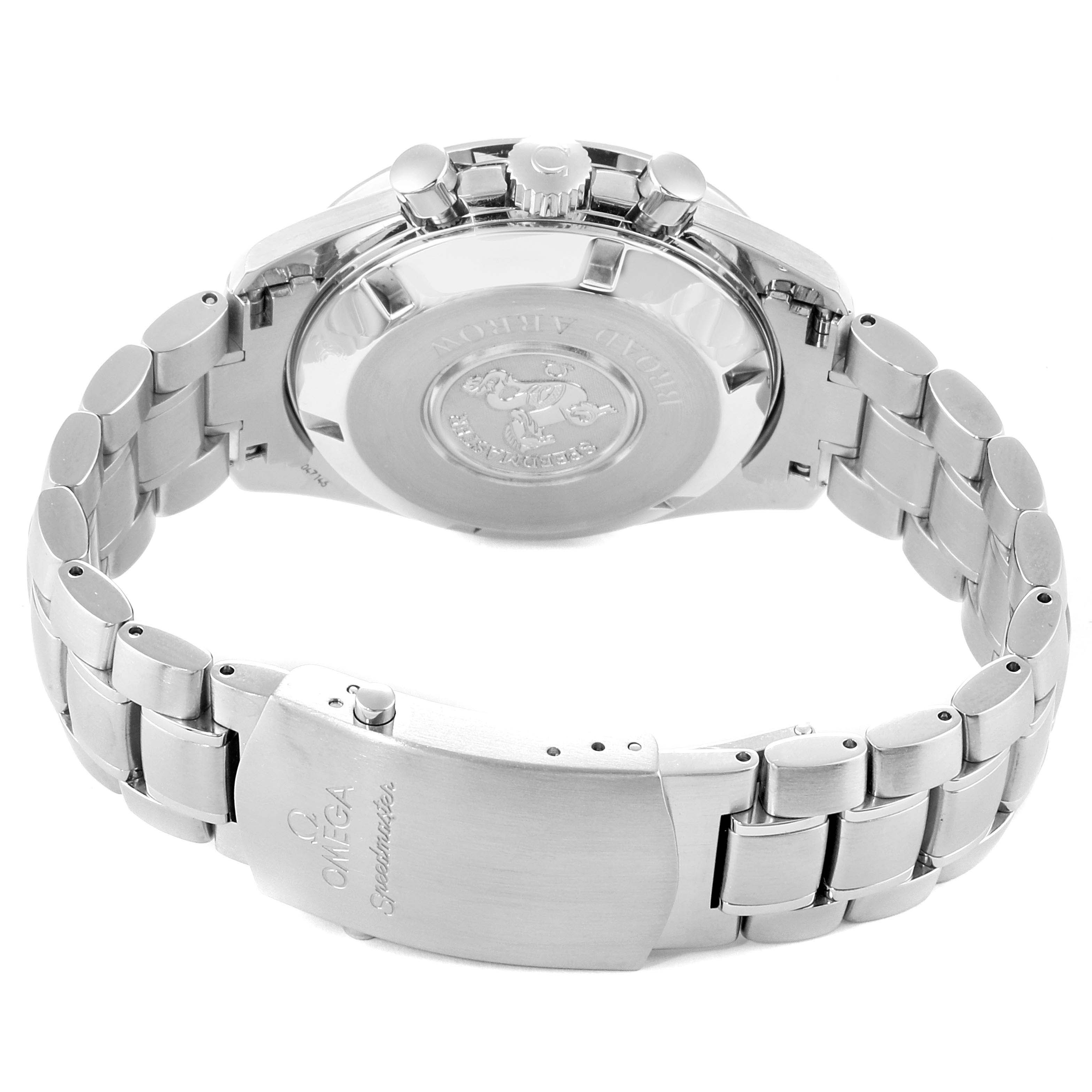 The image shows the back case, crown, and stainless steel bracelet of an Omega Speedmaster 3558.50.00 Men
s Stainless Steel Black Dial 3558.50.00 Men
s Stainless Steel Black Dial watch.