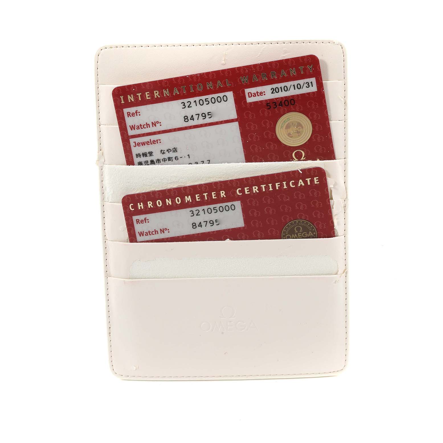 This image shows the warranty and chronometer certificate cards for an Omega Speedmaster 3210.50.00 Men's Stainless Steel Black Dial 3210.50.00 Men's Stainless Steel Black Dial, displayed in a white cardholder.