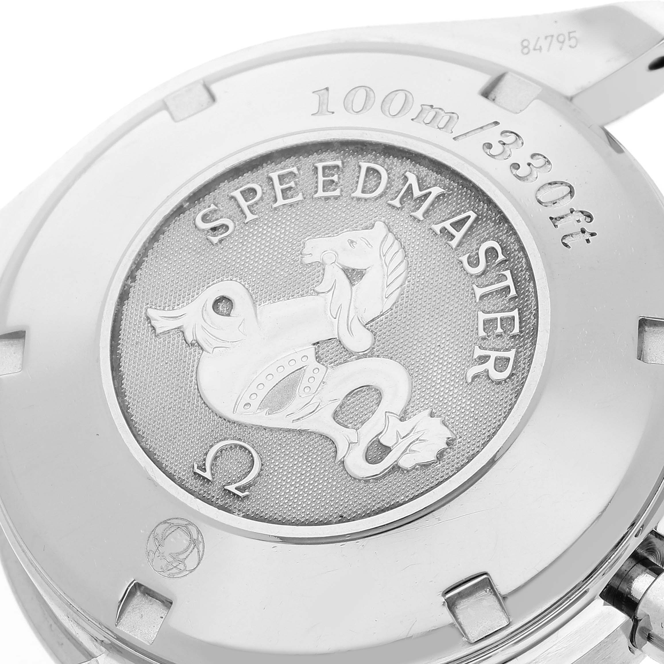 This image shows the case back of an Omega Speedmaster 3210.50.00 Men's Stainless Steel Black Dial 3210.50.00 Men's Stainless Steel Black Dial watch, featuring the engraved logo and water resistance rating.