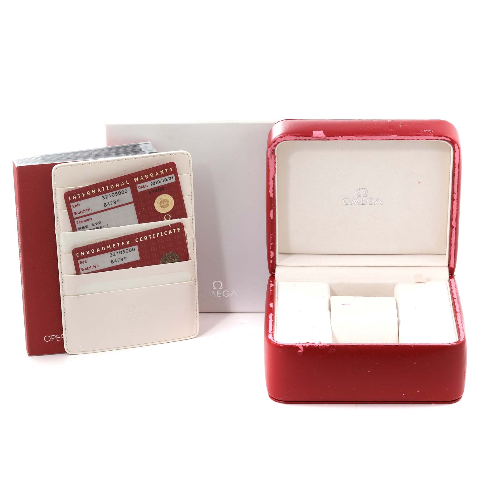 The image shows the box, warranty card, certificate, and case for an Omega Speedmaster 3210.50.00 Men's Stainless Steel Black Dial 3210.50.00 Men's Stainless Steel Black Dial watch.